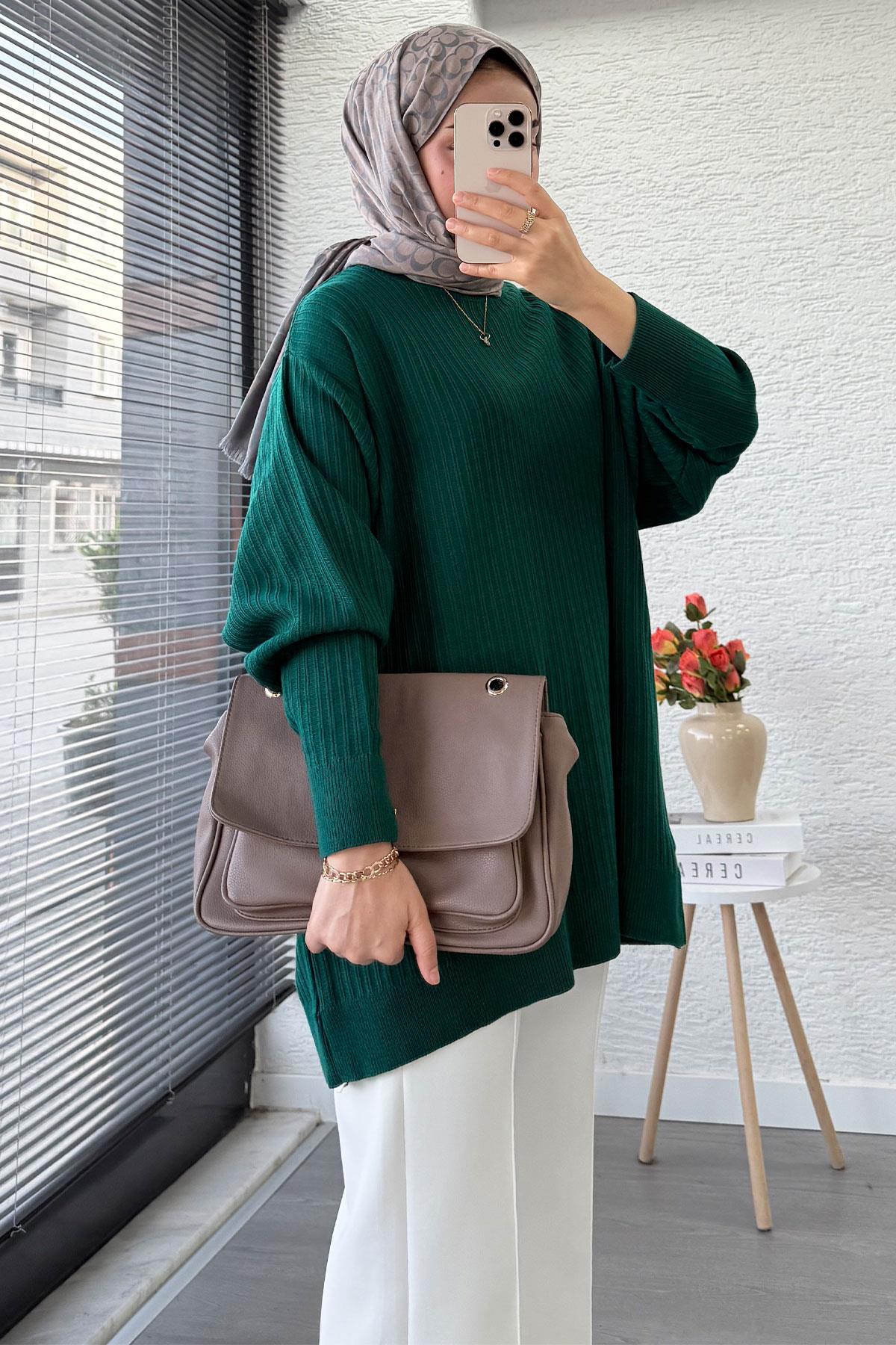 Fitilli Oversize Kadın Kazak - Zümrüt