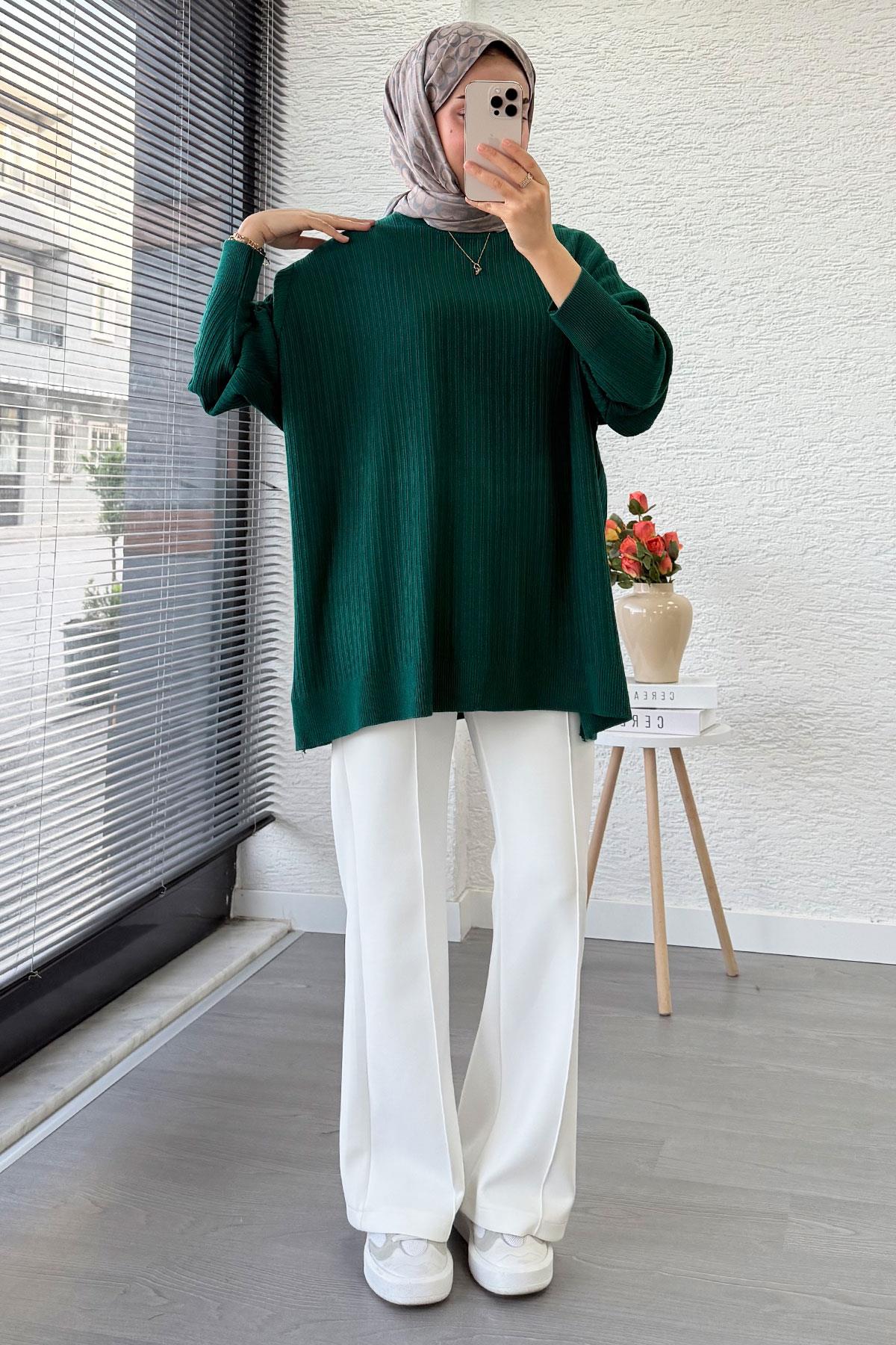 Fitilli Oversize Kadın Kazak - Zümrüt