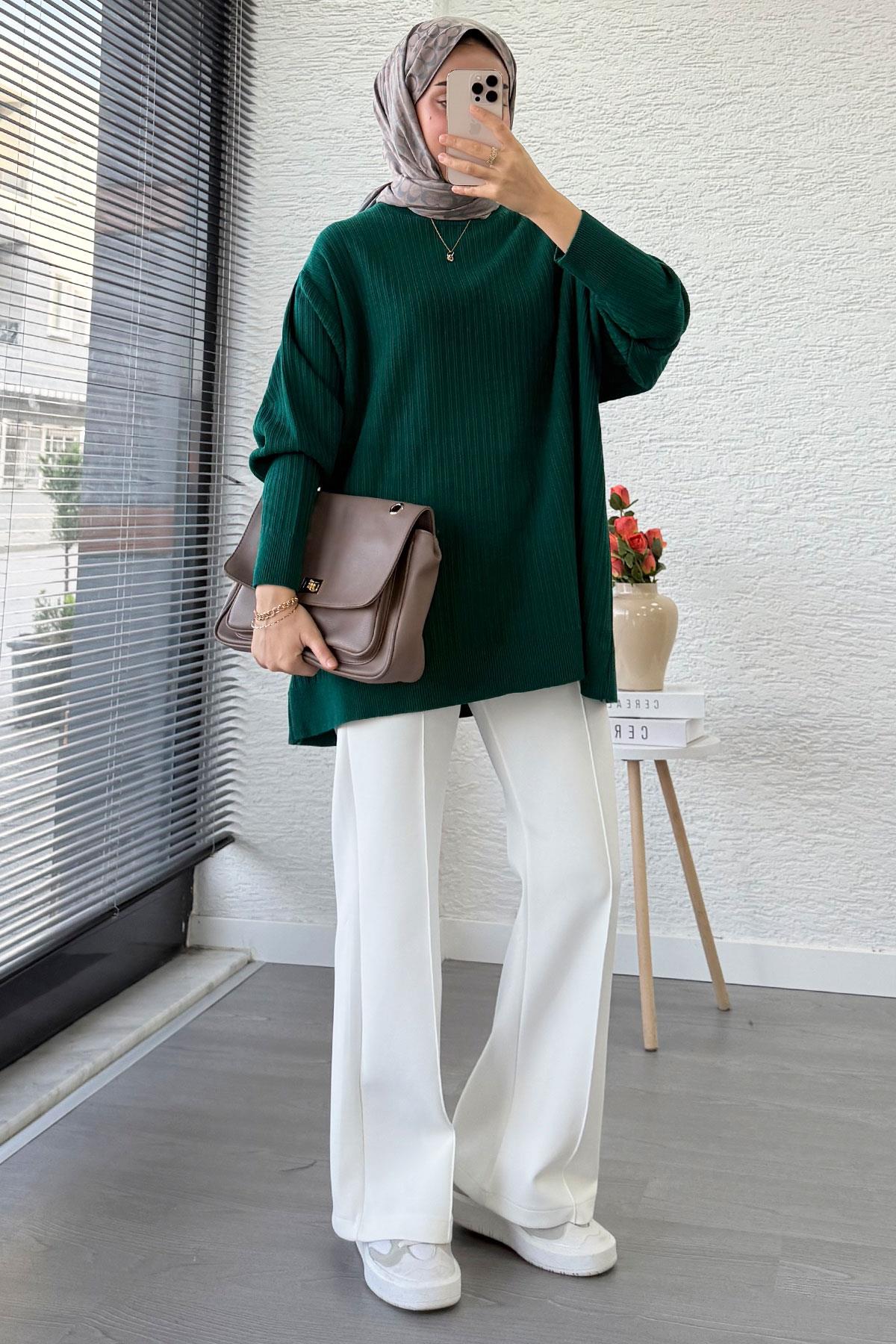 Fitilli Oversize Kadın Kazak - Zümrüt