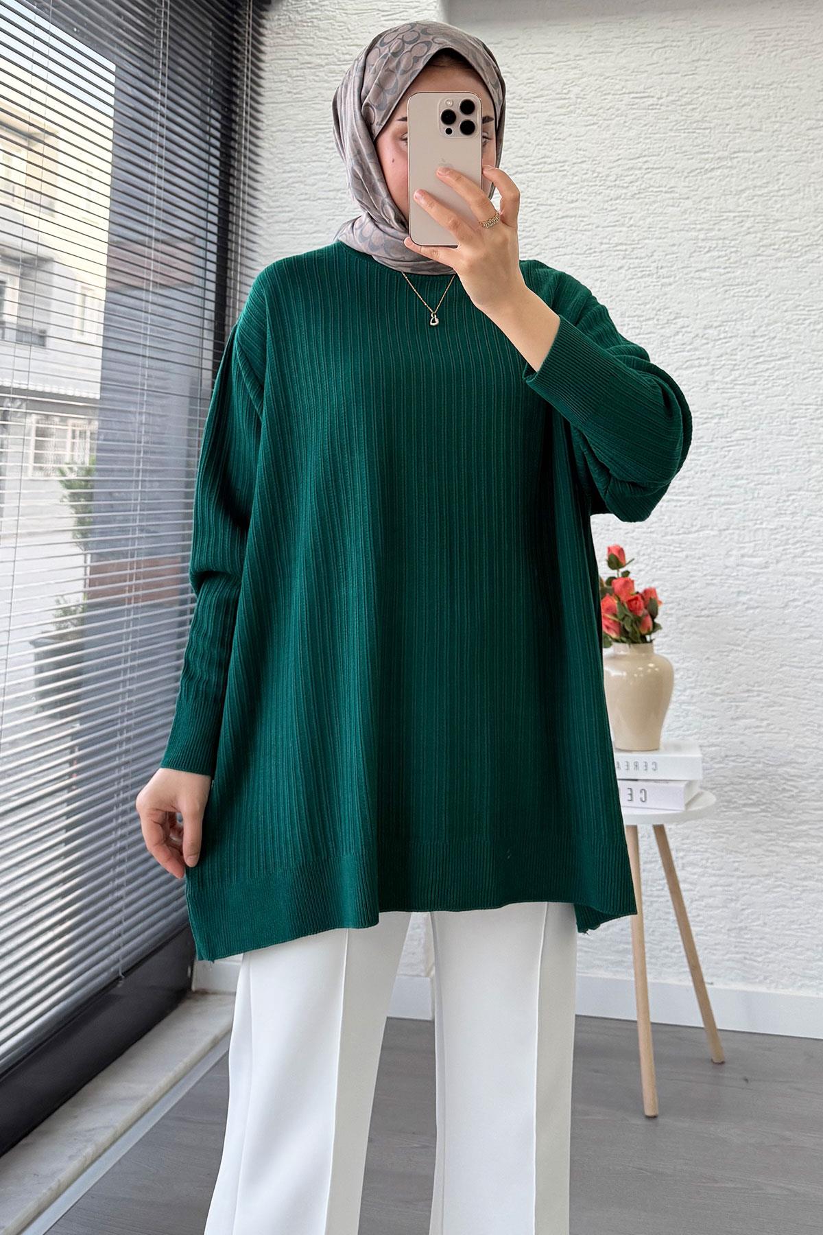 Fitilli Oversize Kadın Kazak - Zümrüt