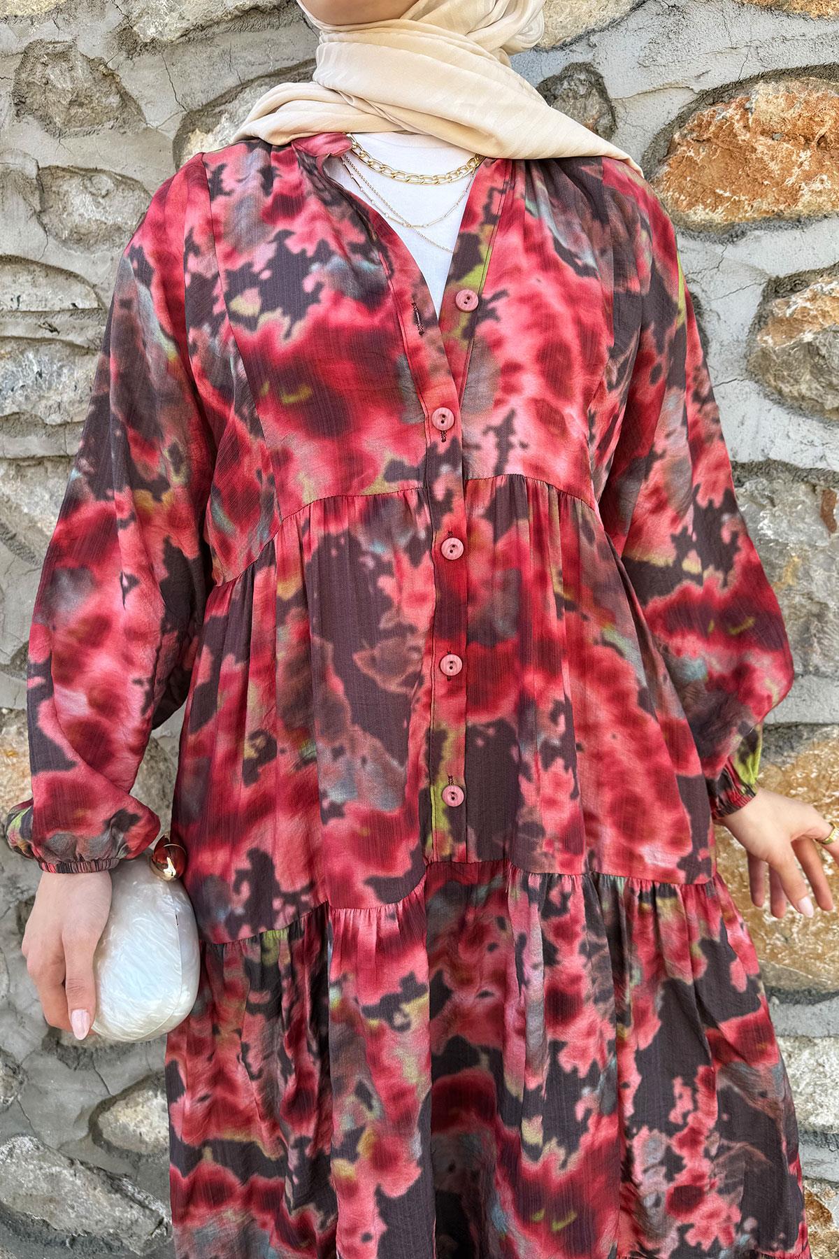 FlameAura Yazlık Volanlı Elbise– Bordo