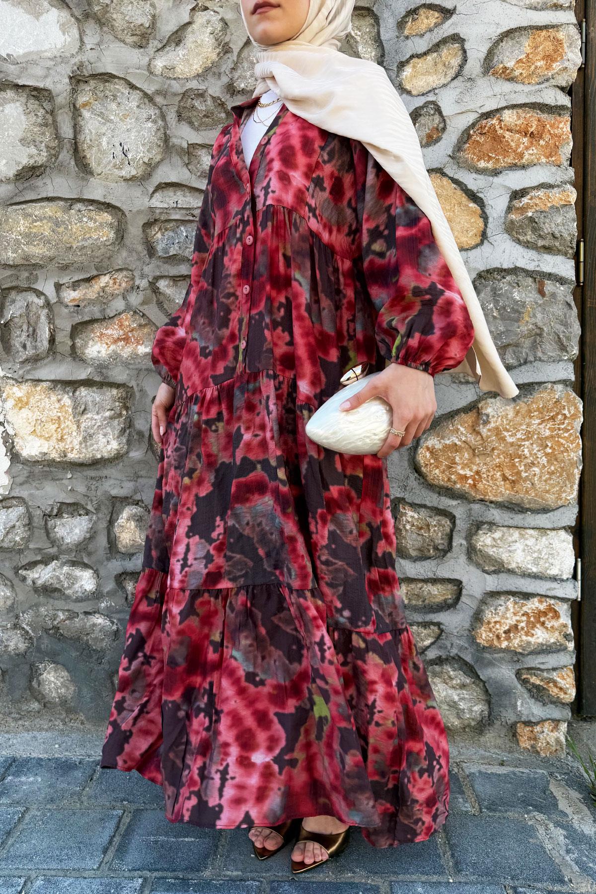 FlameAura Yazlık Volanlı Elbise– Bordo