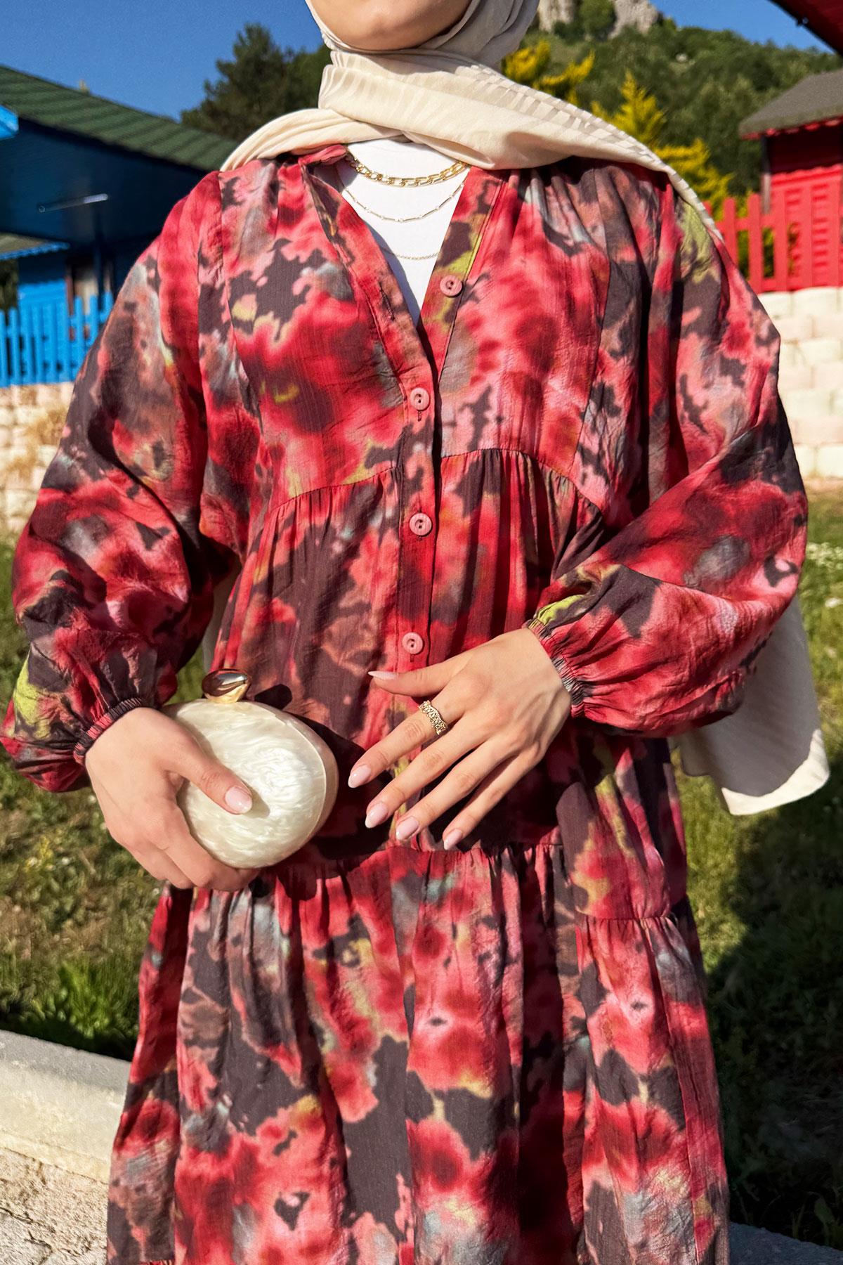 FlameAura Yazlık Volanlı Elbise– Bordo