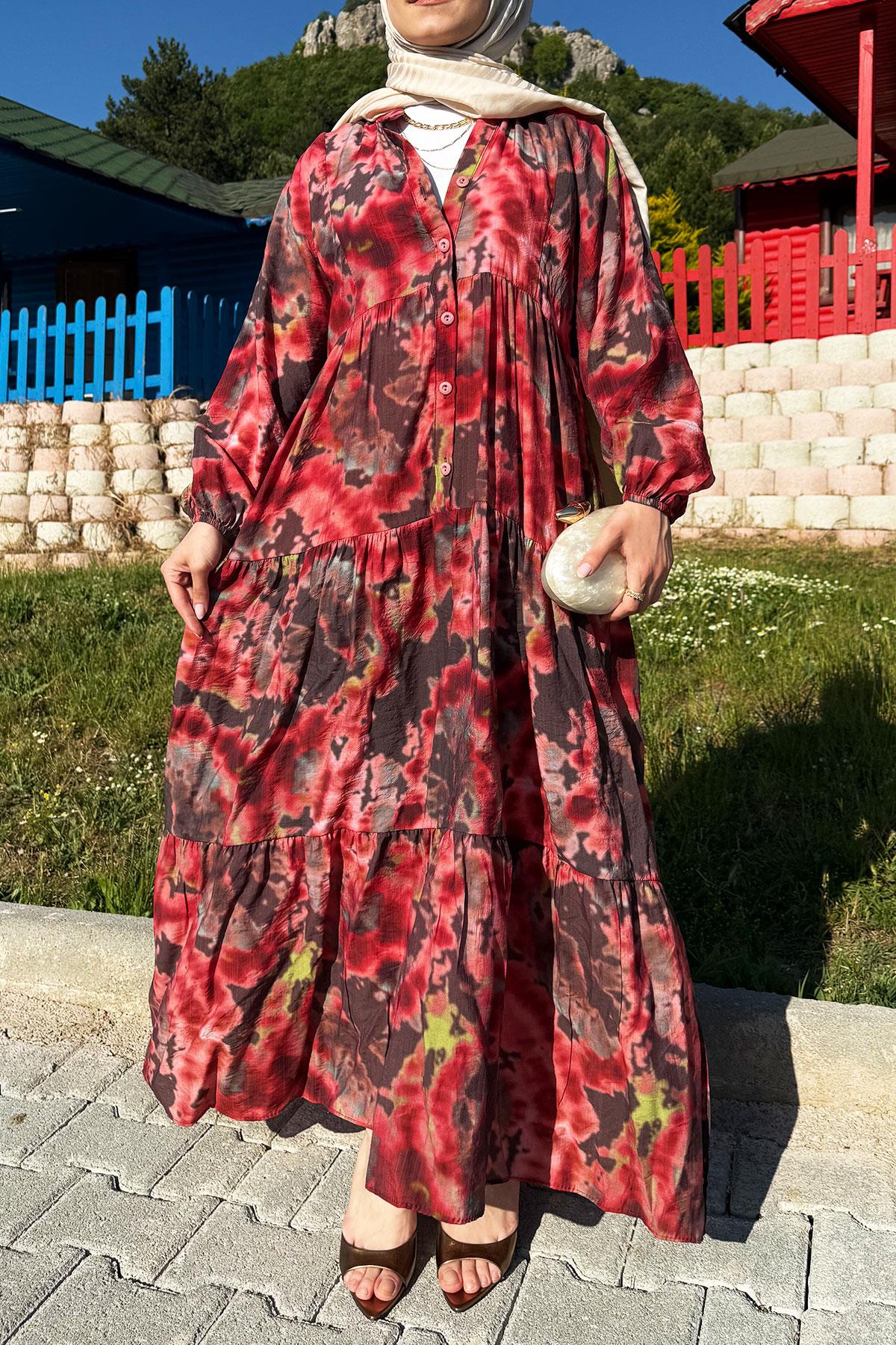 FlameAura Yazlık Volanlı Elbise– Bordo