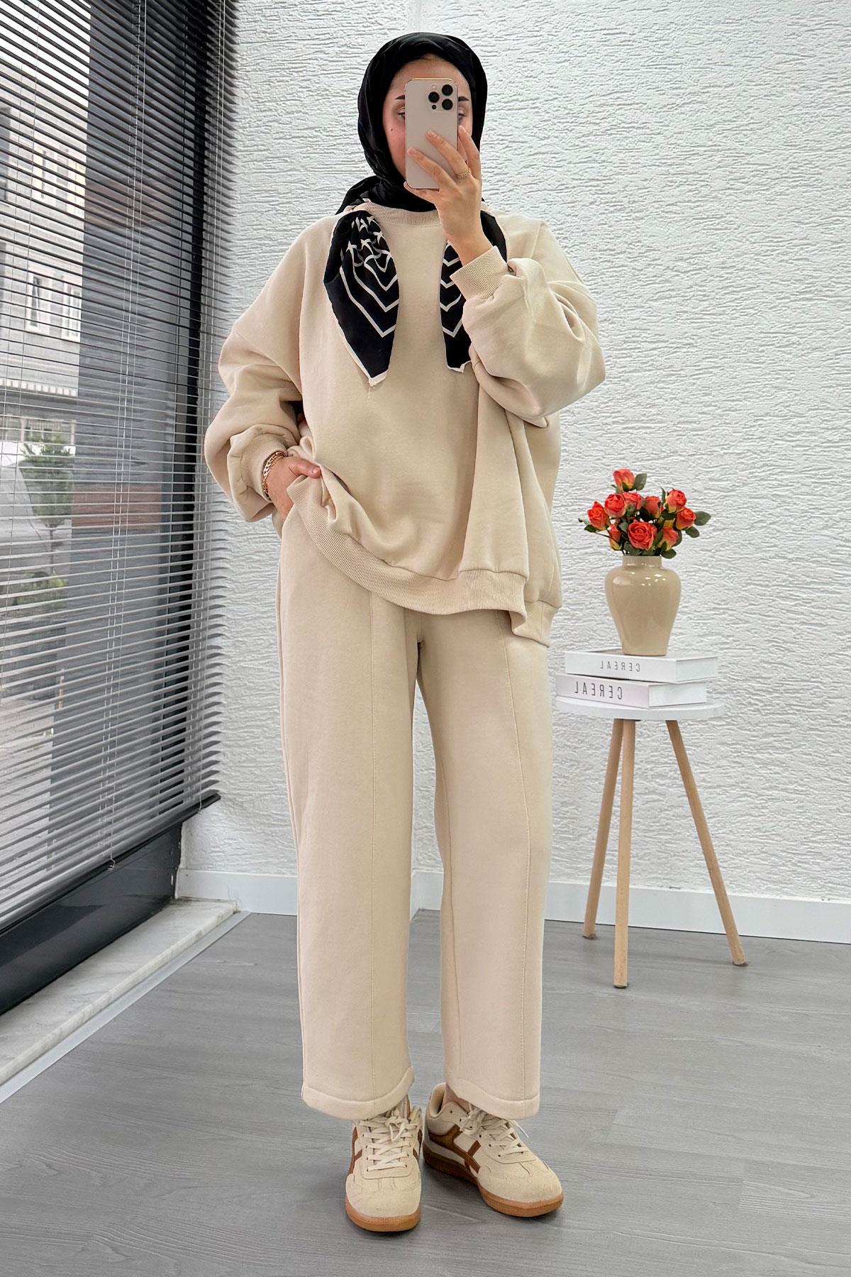 Fular Detaylı Oversize Üç İplik Jardaolu Sweat Takım – Krem