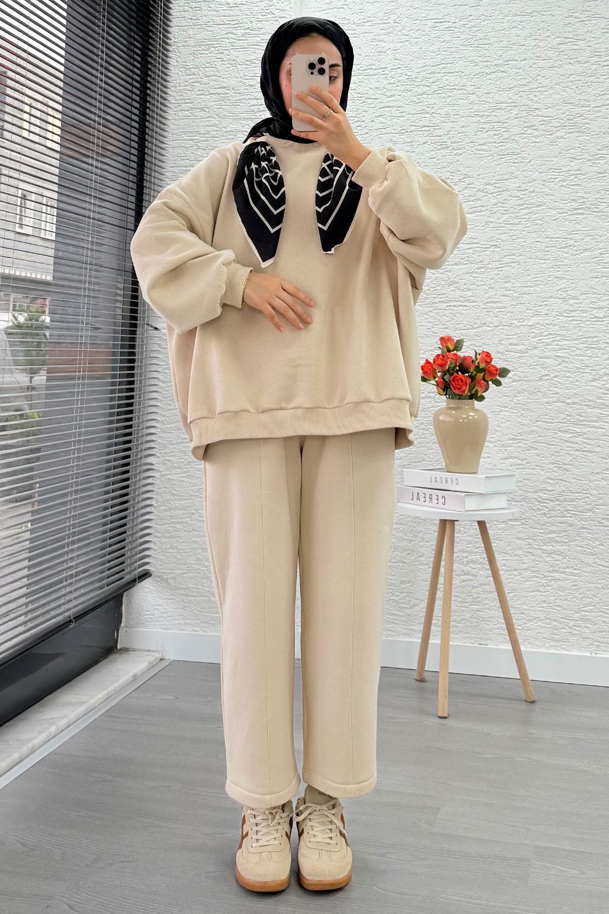 Fular Detaylı Oversize Üç İplik Jardaolu Sweat Takım – Krem