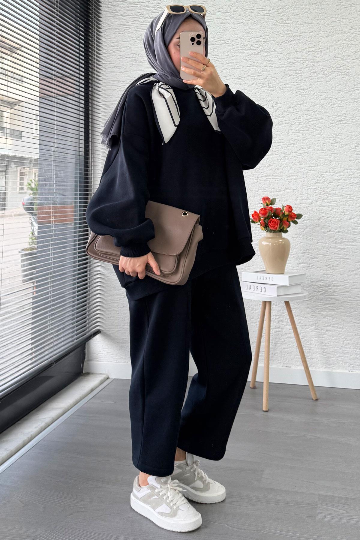 Fular Detaylı Oversize Üç İplik Jardaolu Sweat Takım – Lacivert