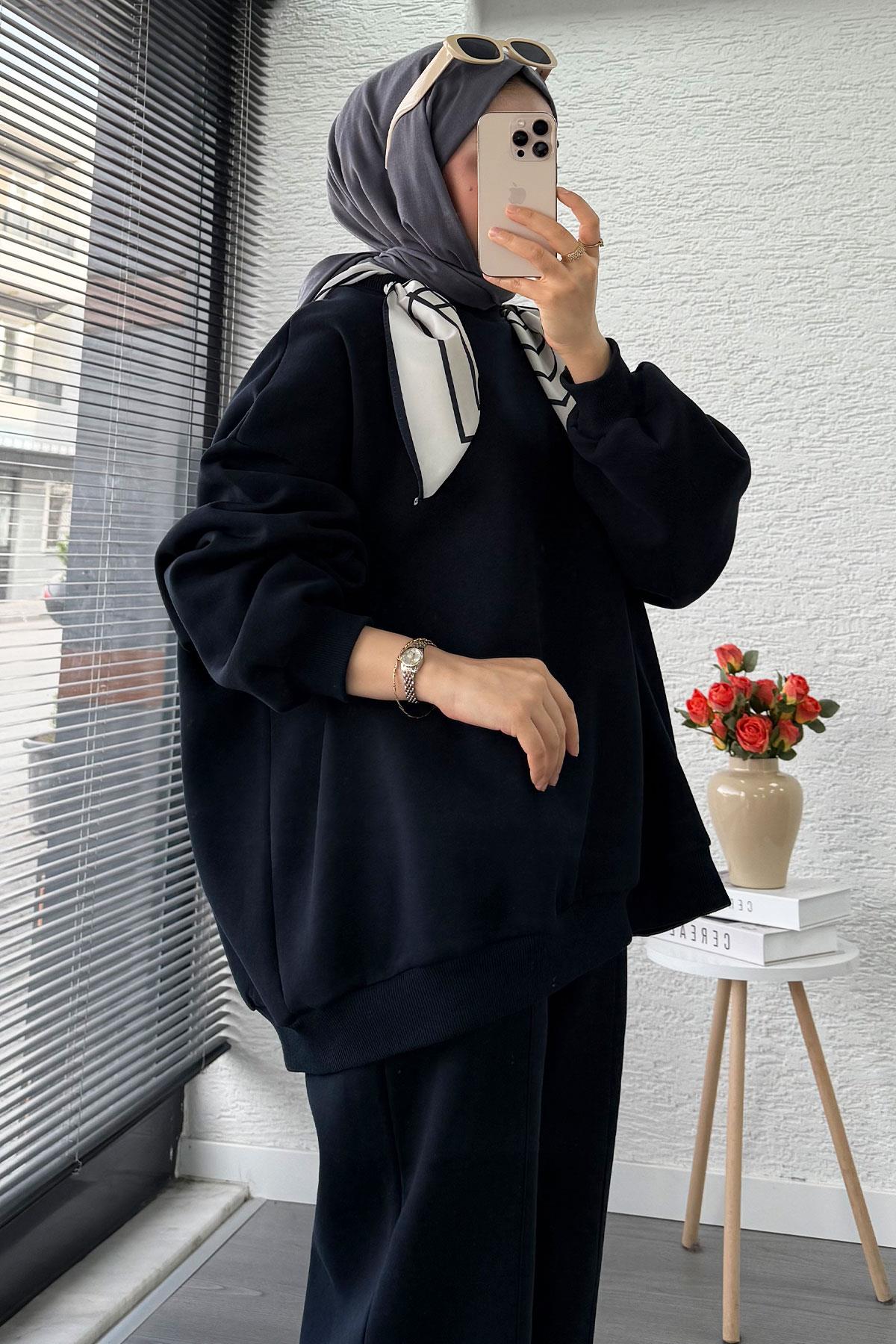 Fular Detaylı Oversize Üç İplik Jardaolu Sweat Takım – Lacivert