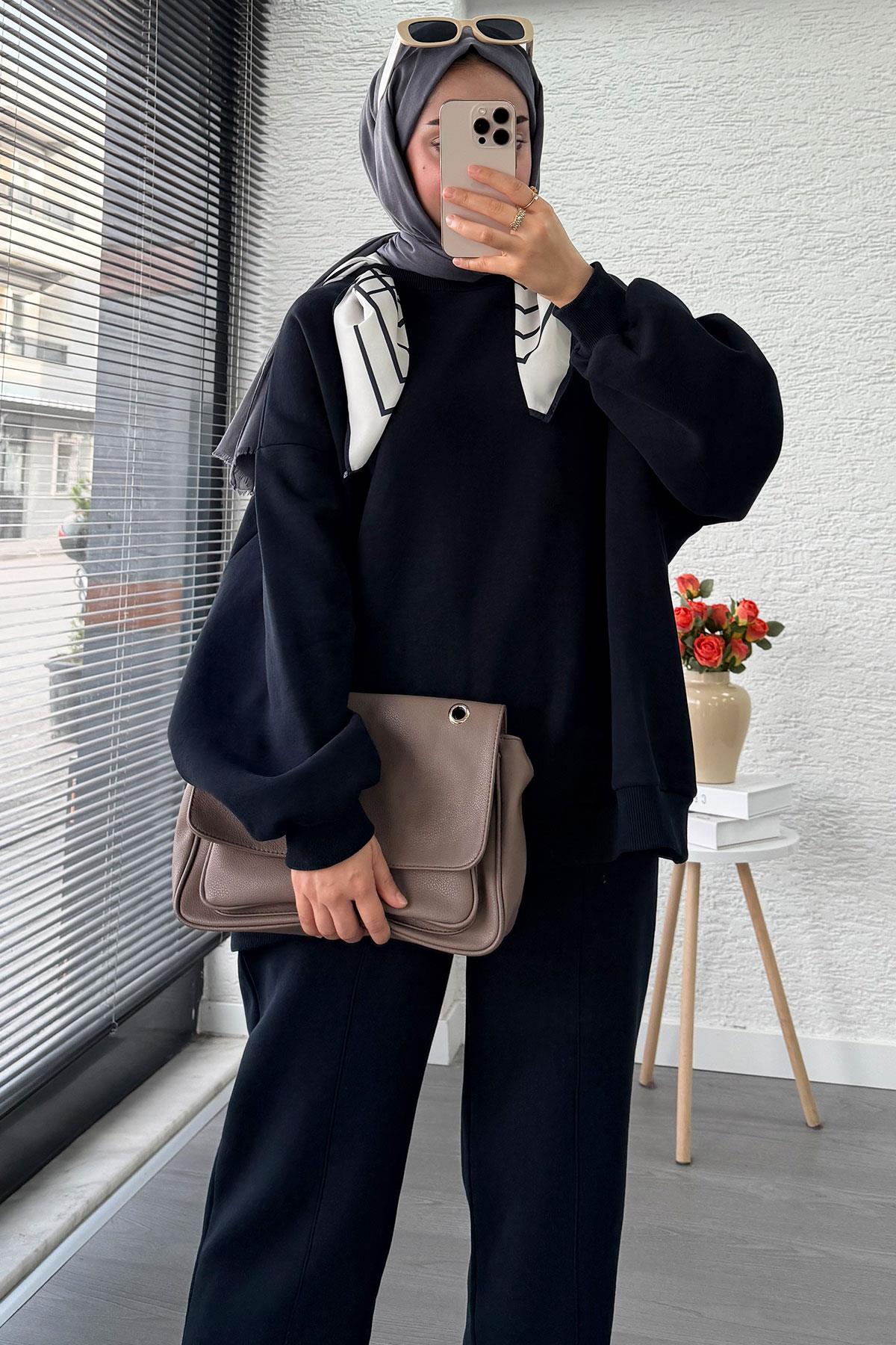 Fular Detaylı Oversize Üç İplik Jardaolu Sweat Takım – Lacivert