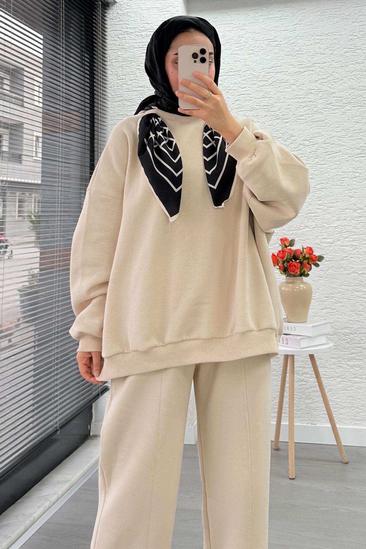 Fular Detaylı Oversize Üç İplik Jardaolu Sweat Takım – Krem