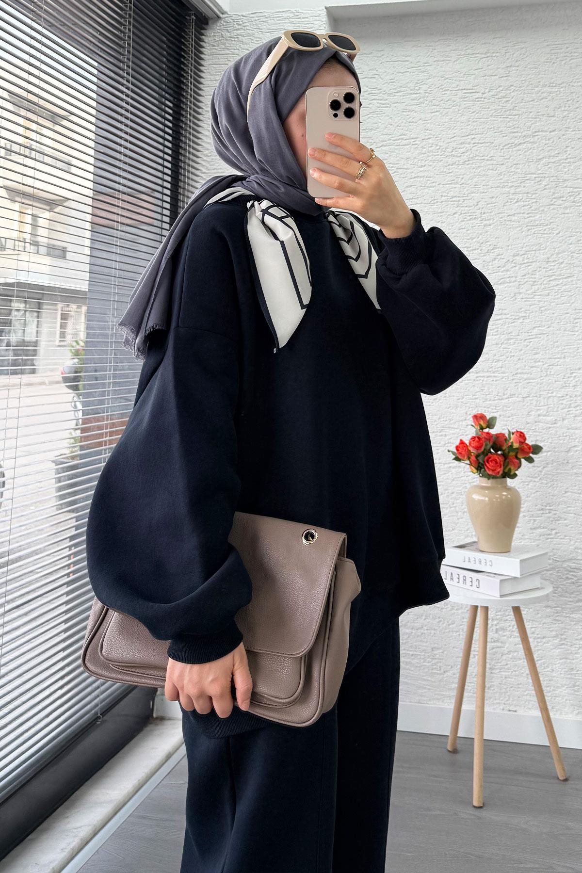 Fular Detaylı Oversize Üç İplik Jardaolu Sweat Takım – Lacivert