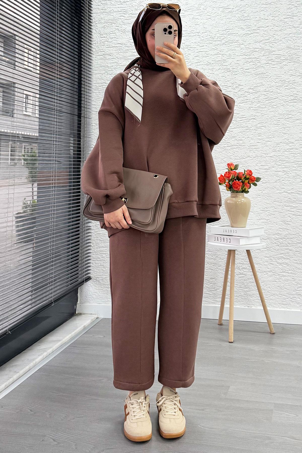 Fular Detaylı Oversize Üç İplik Jardaolu Sweat Takım – Sütlü Kahve