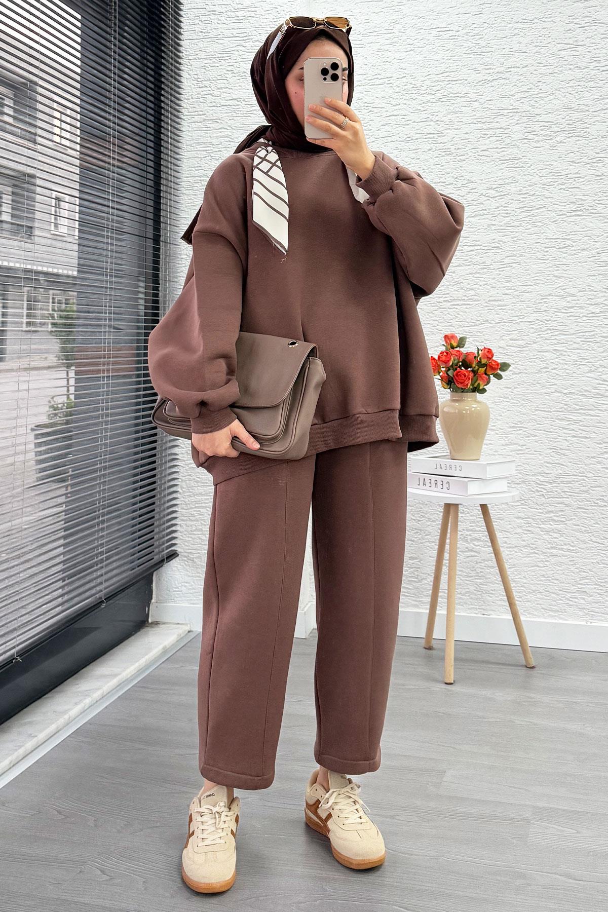 Fular Detaylı Oversize Üç İplik Jardaolu Sweat Takım – Sütlü Kahve