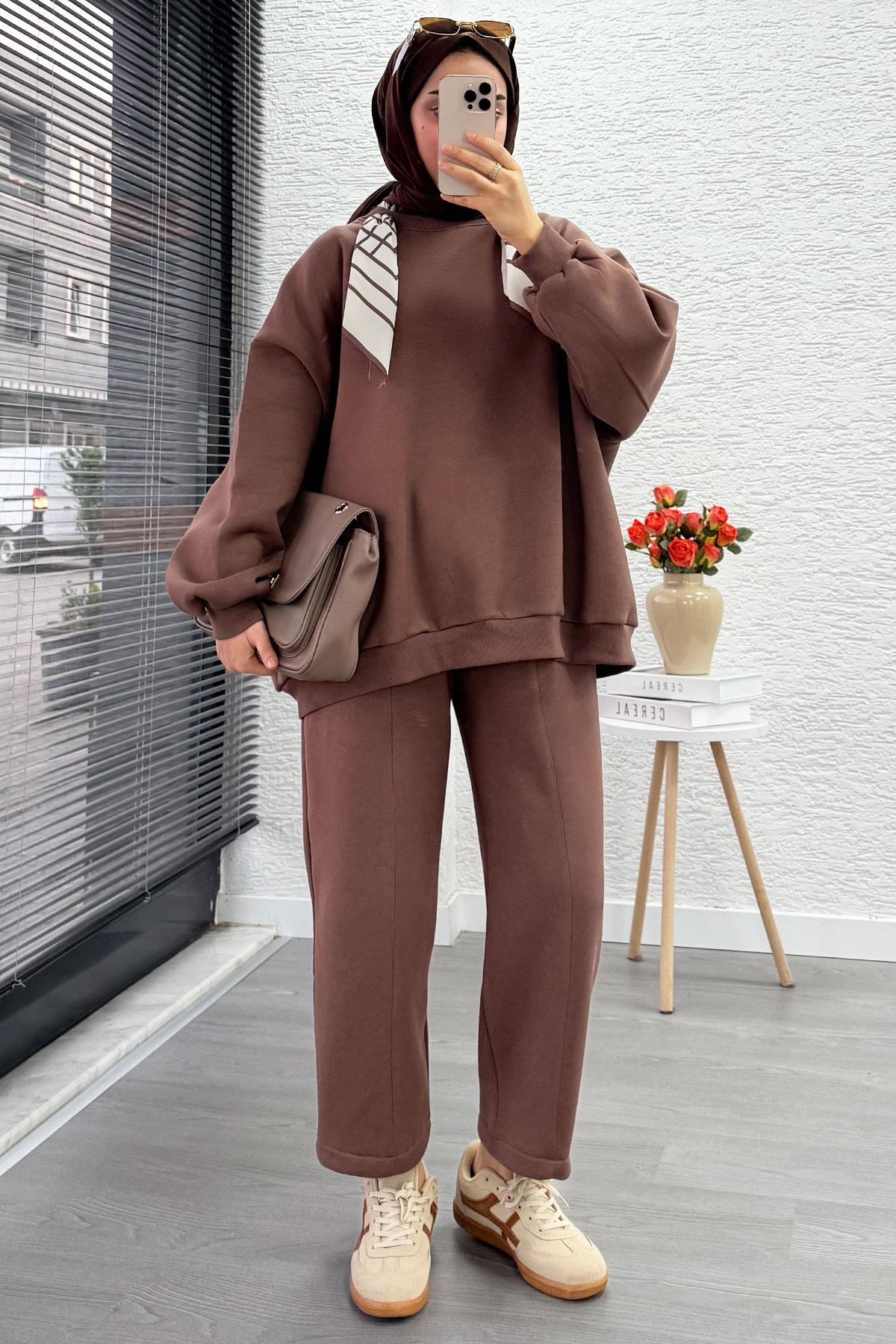 Fular Detaylı Oversize Üç İplik Jardaolu Sweat Takım – Sütlü Kahve