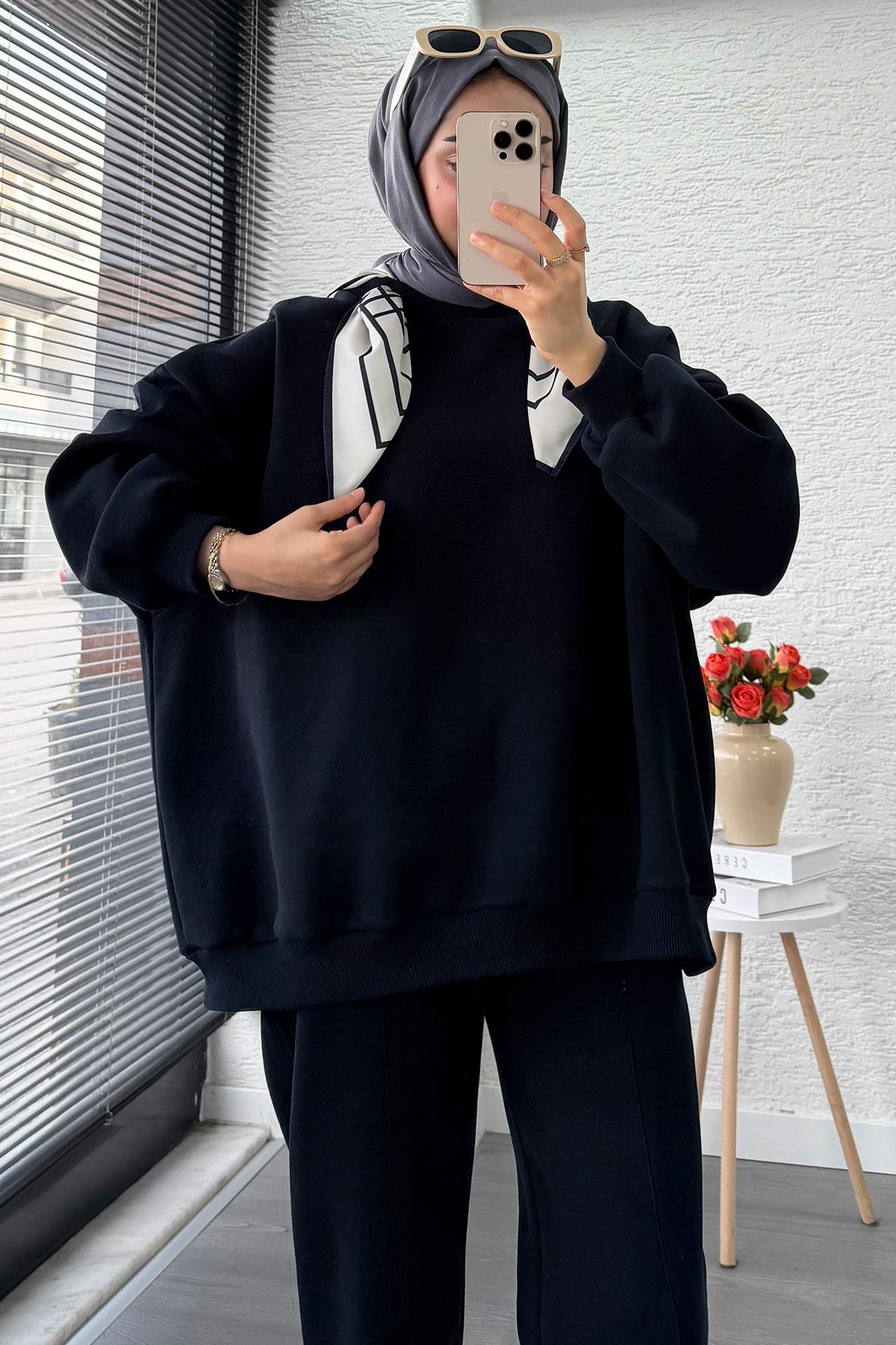 Fular Detaylı Oversize Üç İplik Jardaolu Sweat Takım – Lacivert