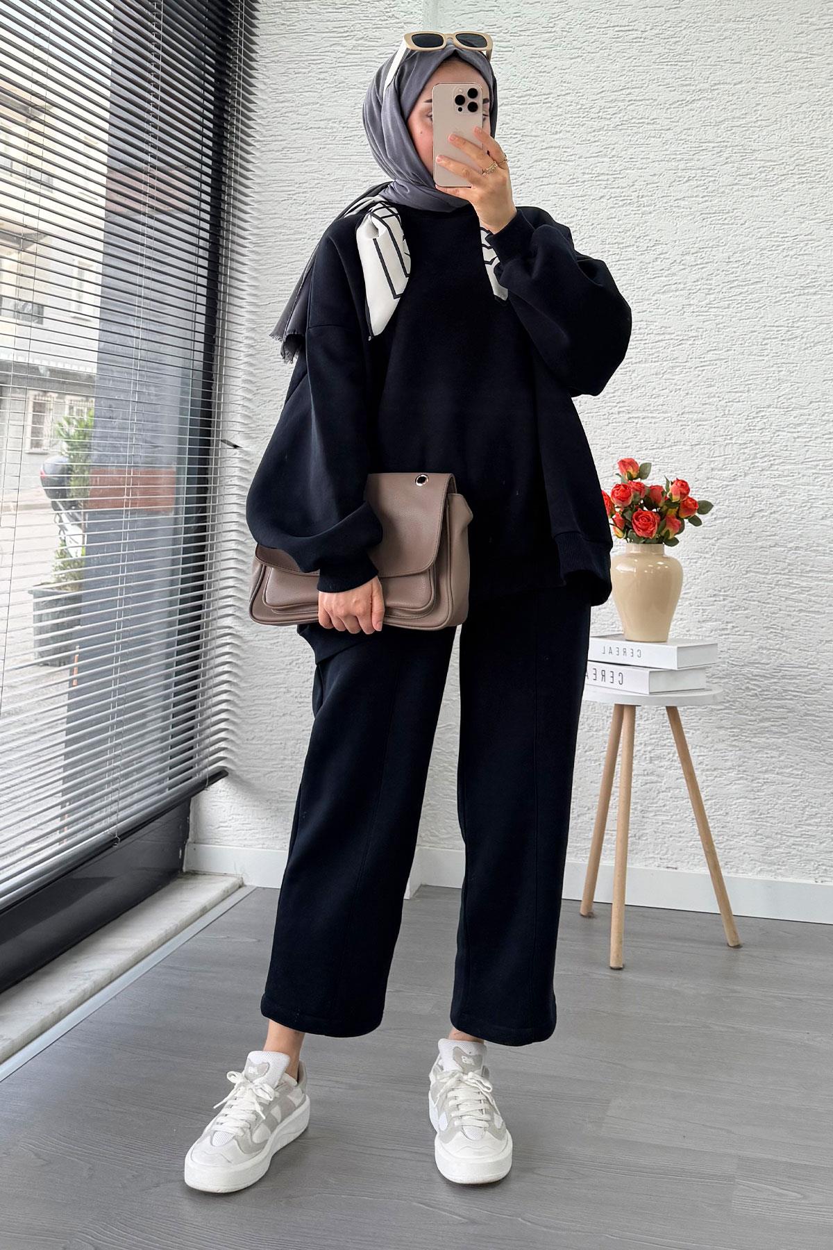 Fular Detaylı Oversize Üç İplik Jardaolu Sweat Takım – Lacivert