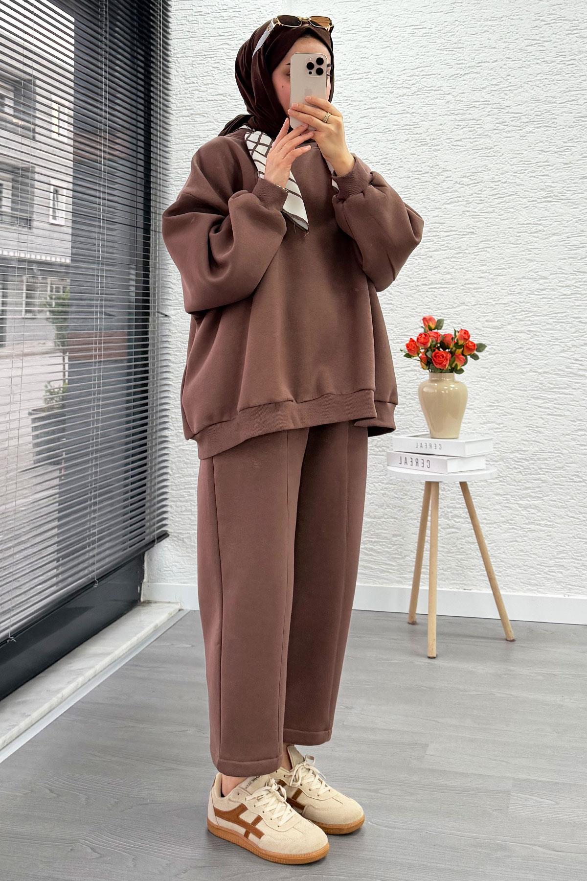 Fular Detaylı Oversize Üç İplik Jardaolu Sweat Takım – Sütlü Kahve