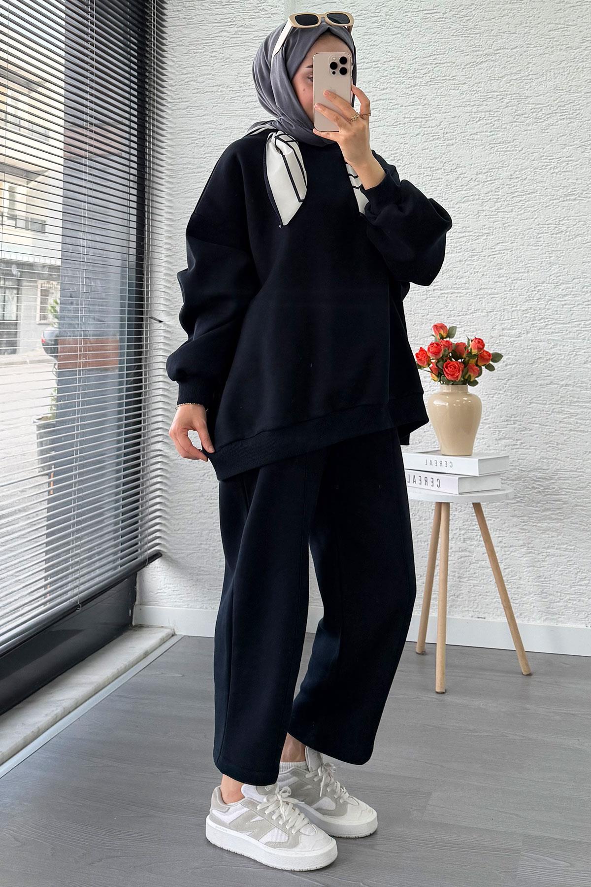 Fular Detaylı Oversize Üç İplik Jardaolu Sweat Takım – Lacivert