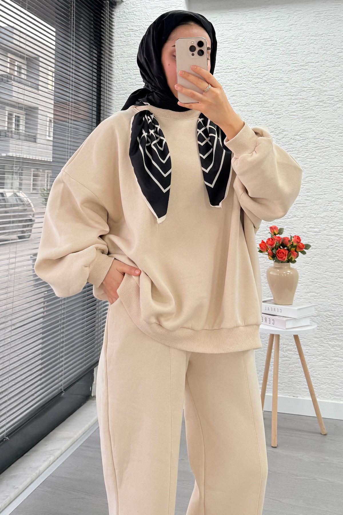 Fular Detaylı Oversize Üç İplik Jardaolu Sweat Takım – Krem