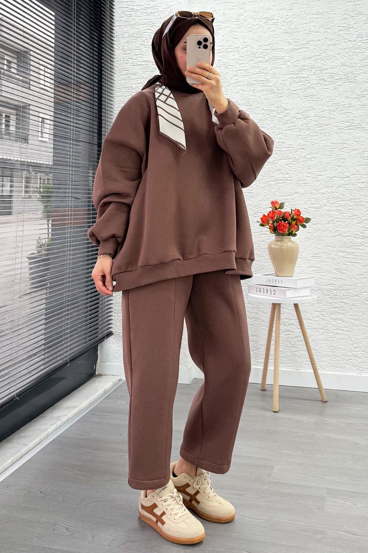 Fular Detaylı Oversize Üç İplik Jardaolu Sweat Takım – Sütlü Kahve