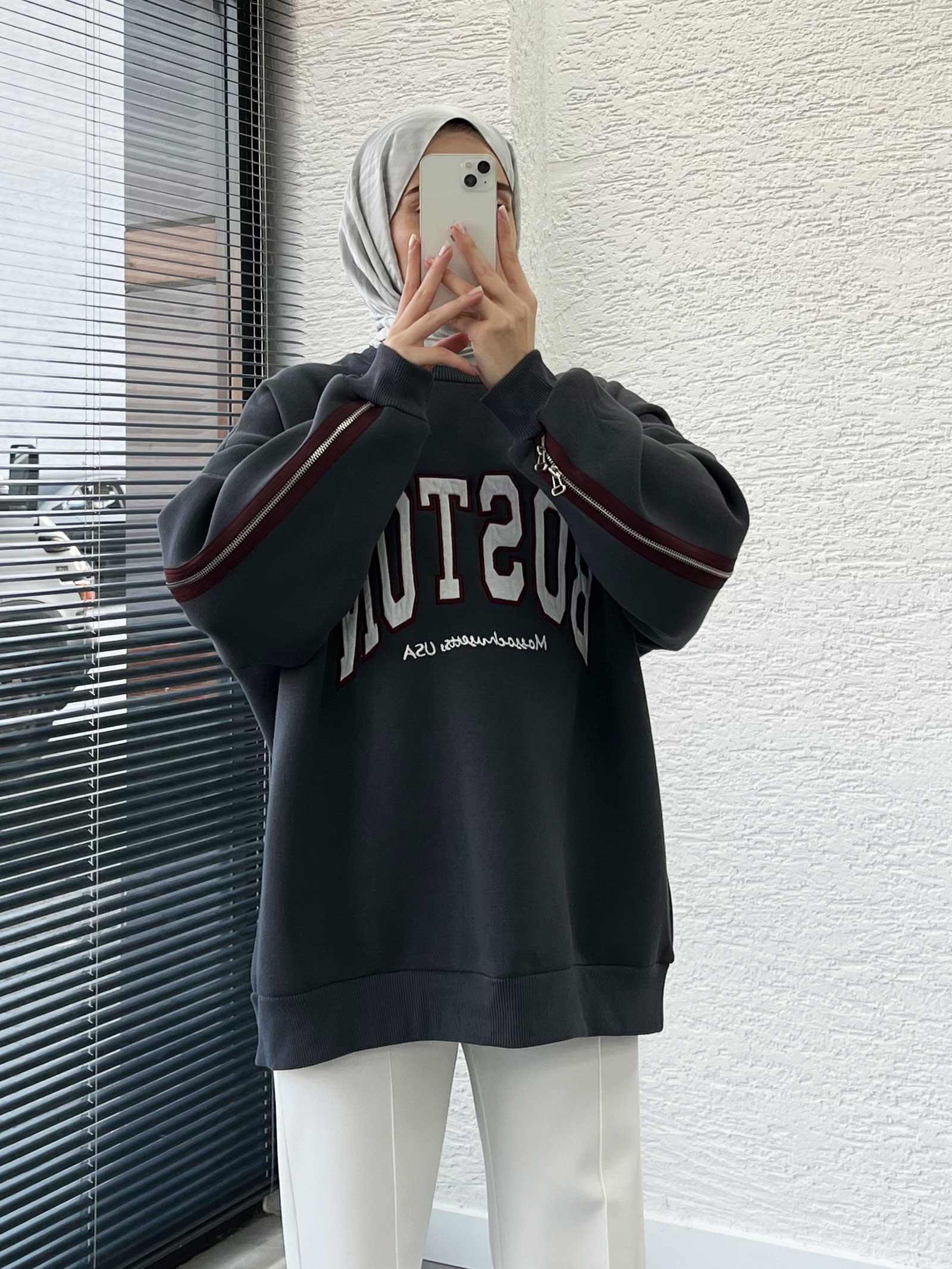 Füme Arka Fermuarlı Oversize Kadın Sweat