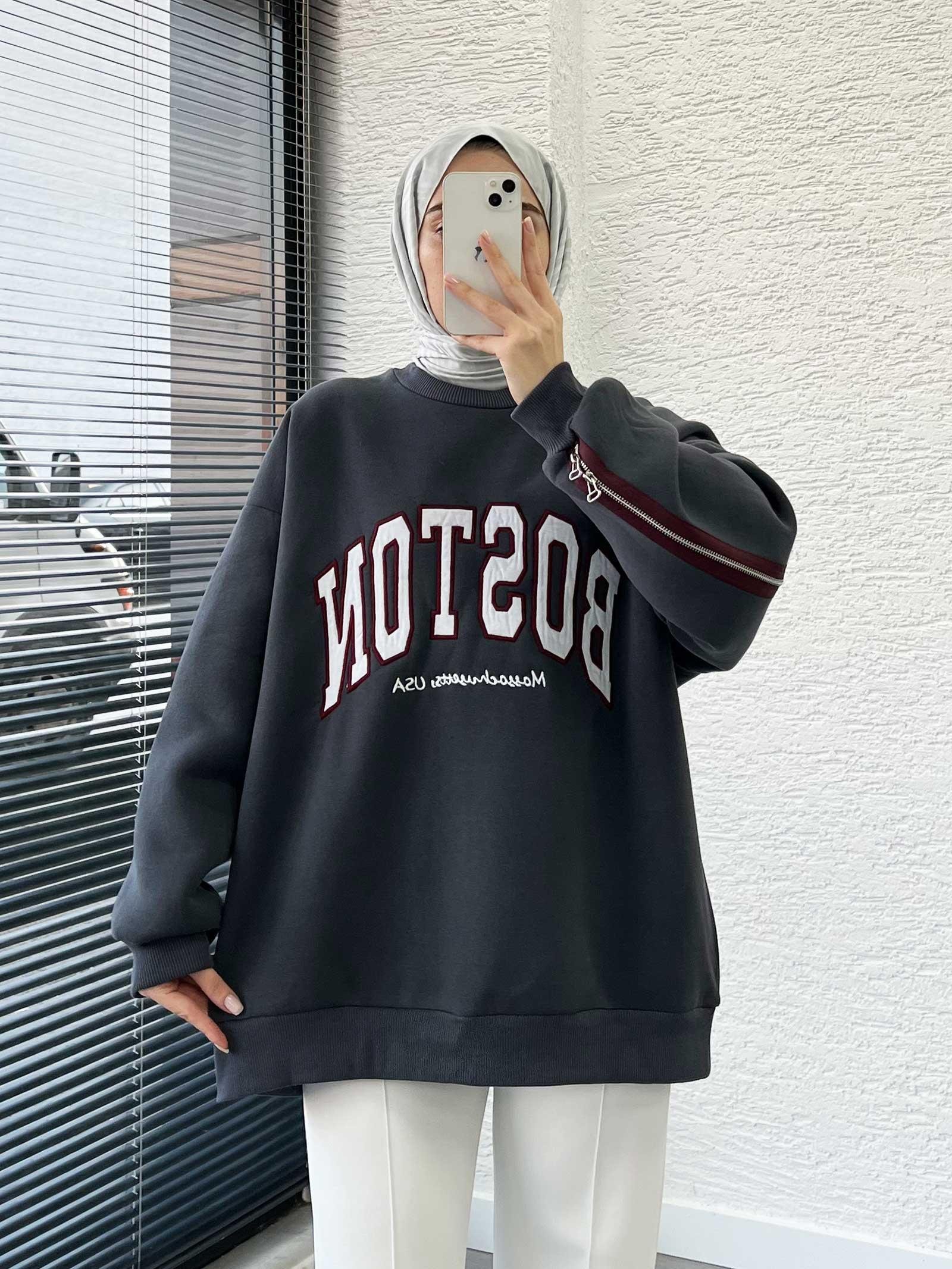 Füme Arka Fermuarlı Oversize Kadın Sweat