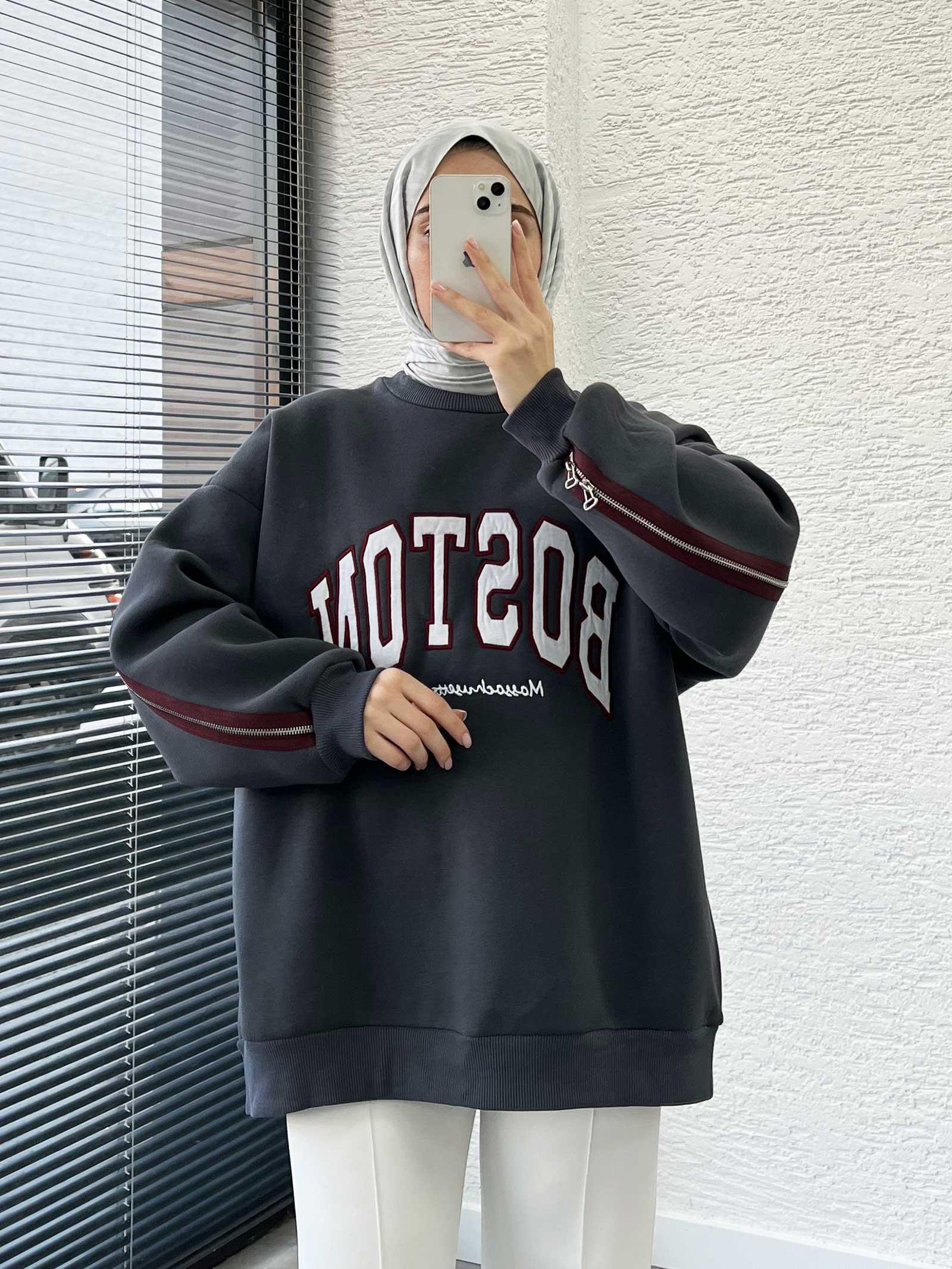 Füme Arka Fermuarlı Oversize Kadın Sweat