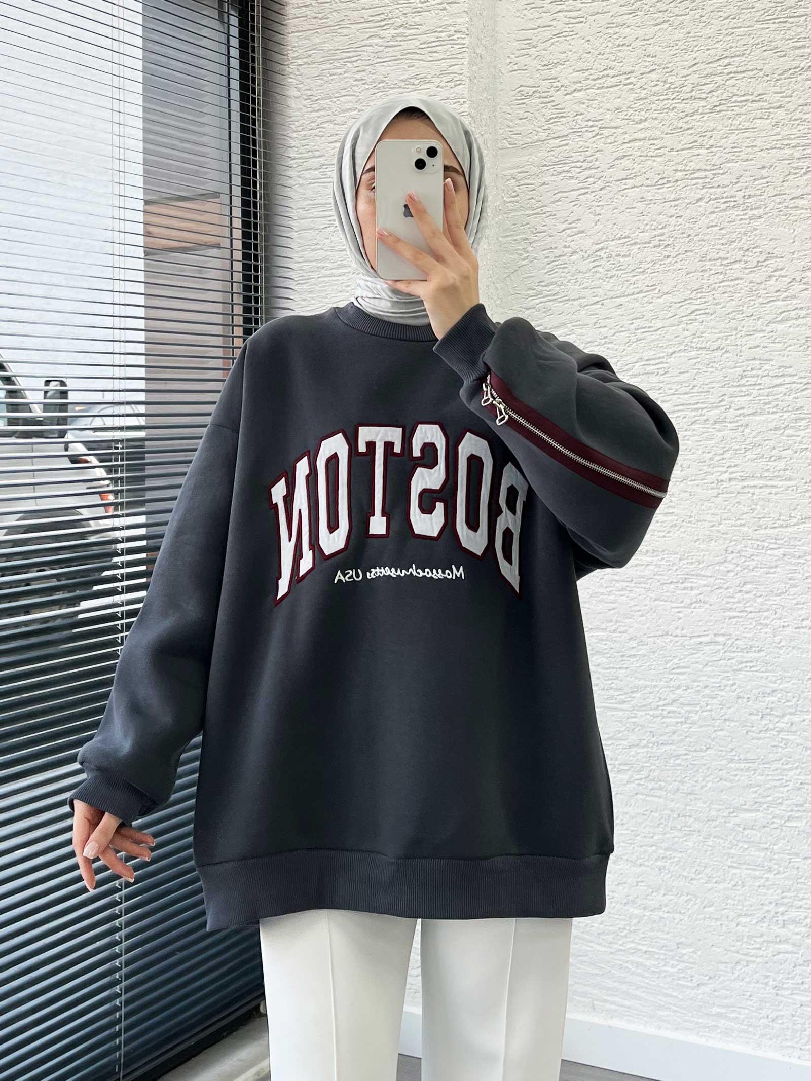 Füme Arka Fermuarlı Oversize Kadın Sweat