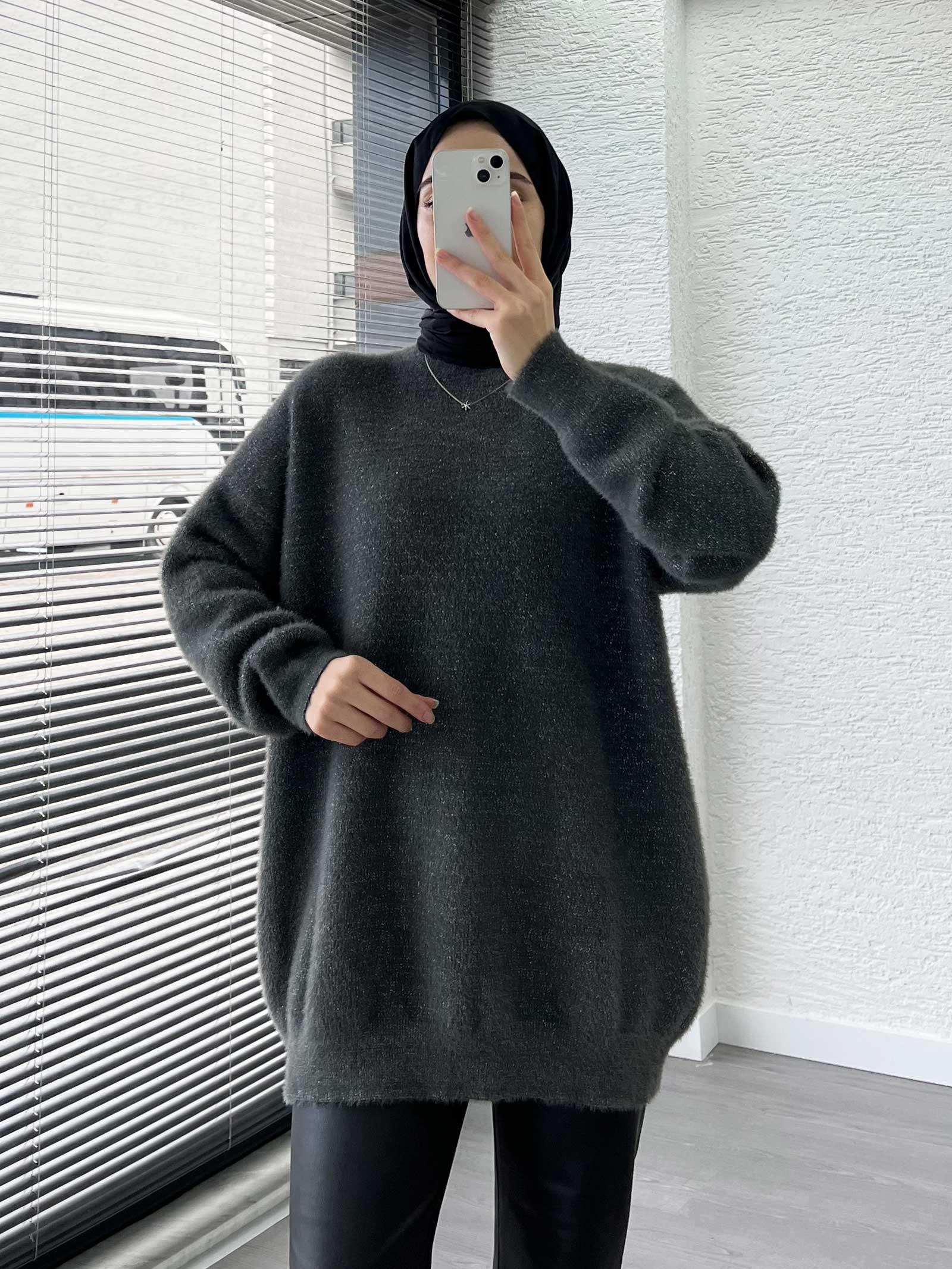 Füme Sakallı Oversize Kadın Kazak