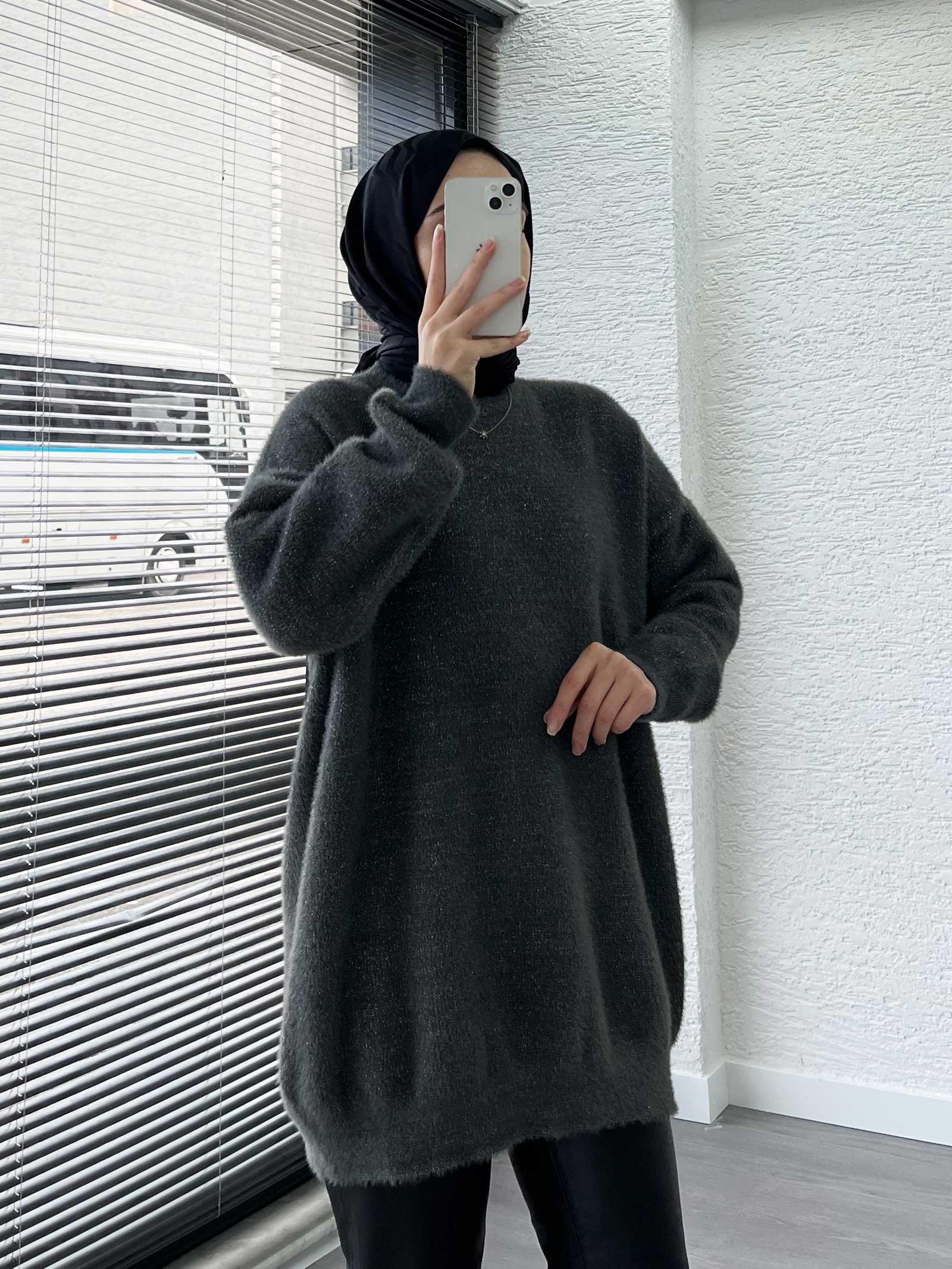 Füme Sakallı Oversize Kadın Kazak