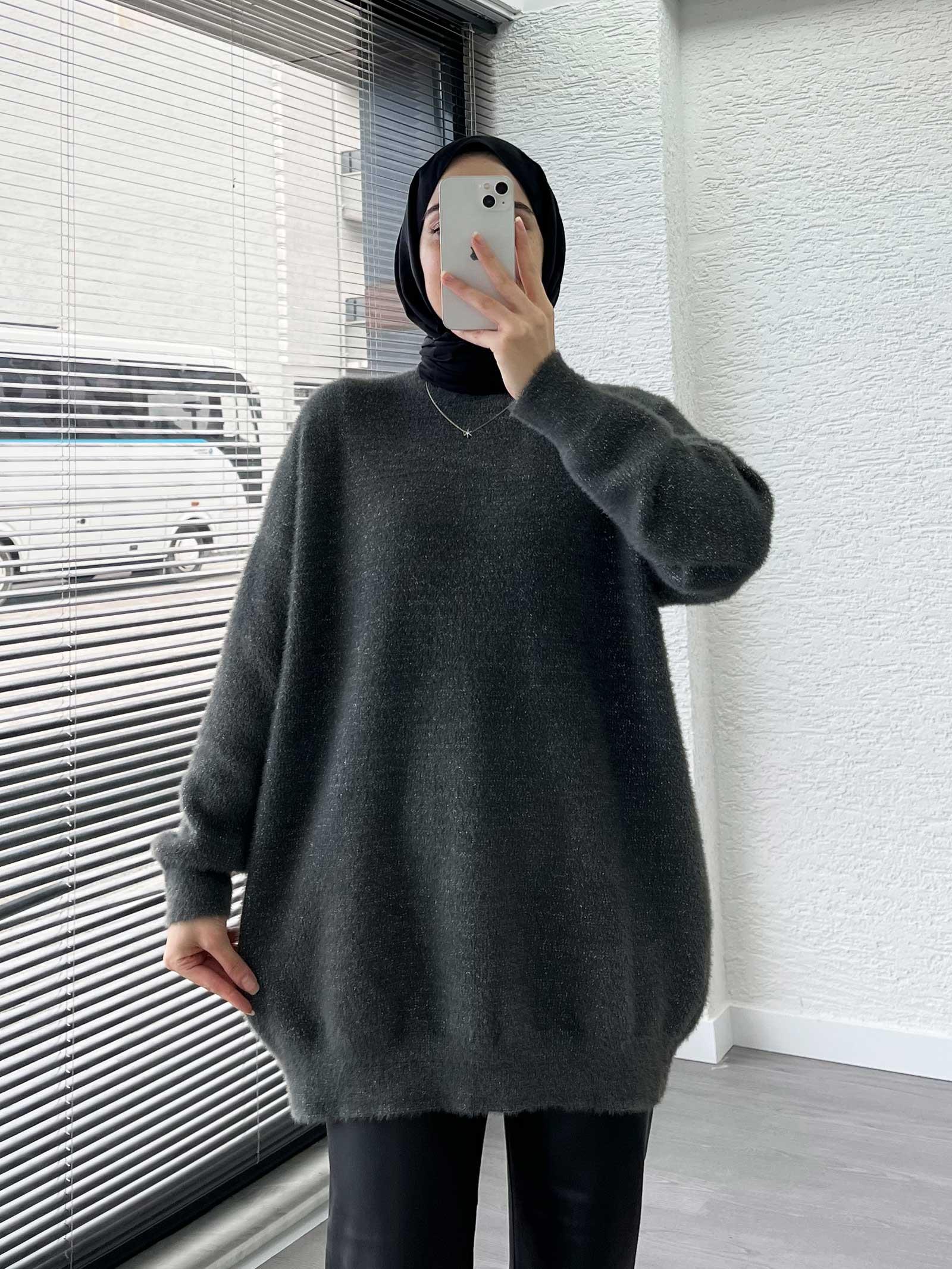 Füme Sakallı Oversize Kadın Kazak