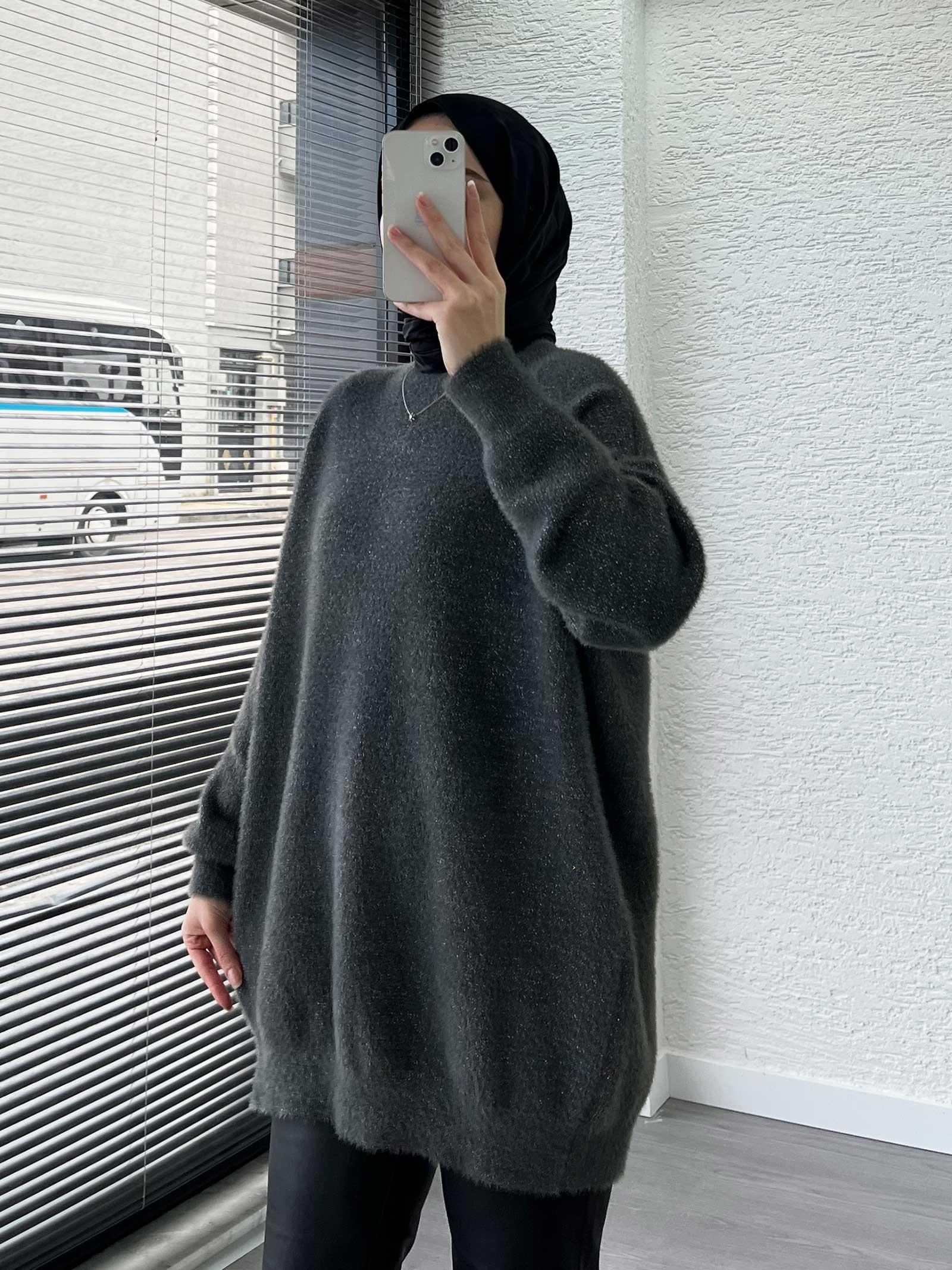 Füme Sakallı Oversize Kadın Kazak