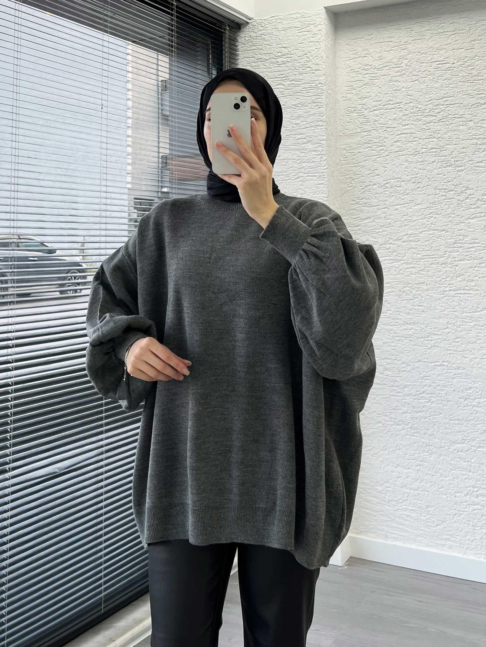 Füme Yarasa Kollu Oversize Kadın Kazak