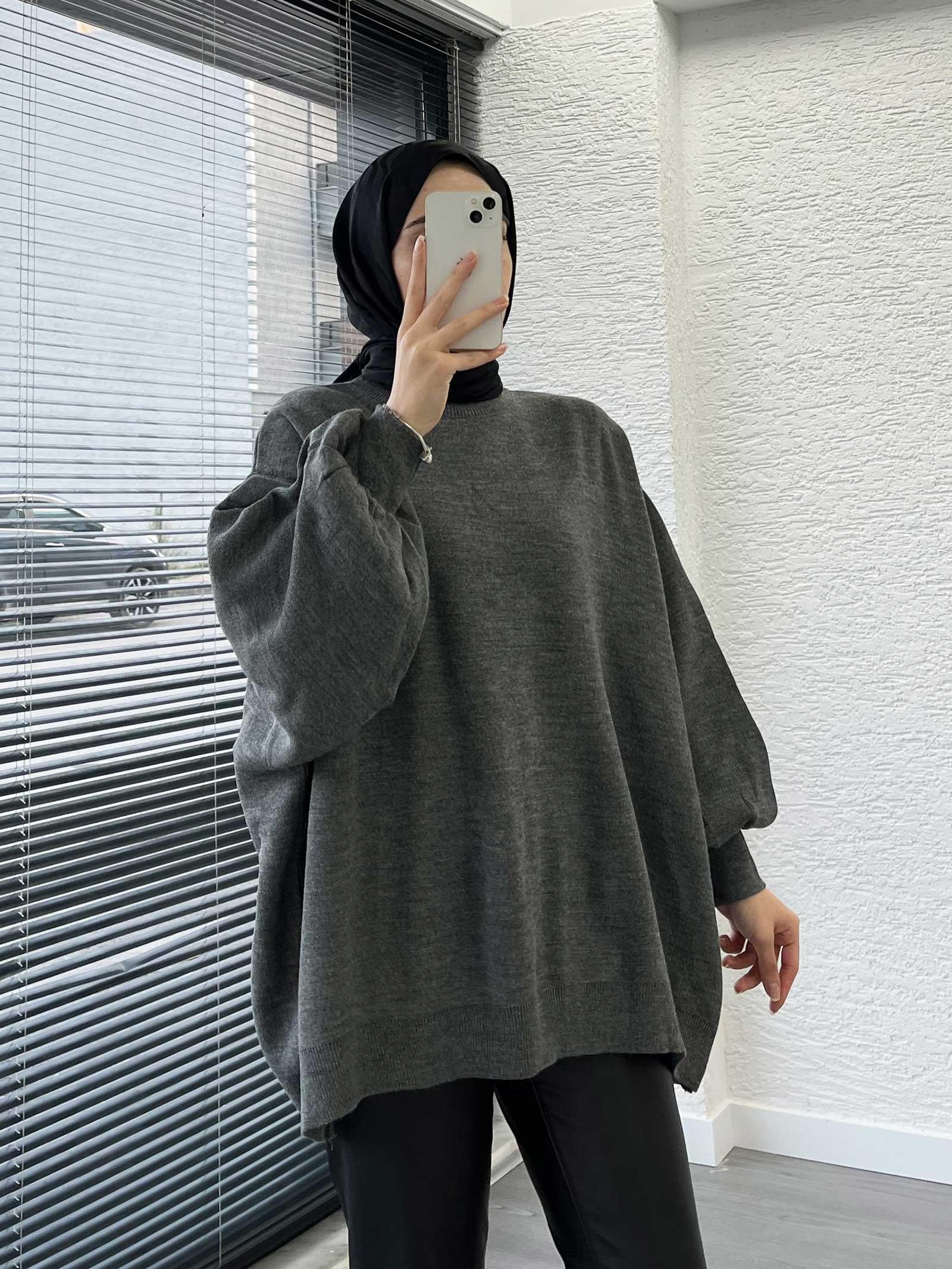 Füme Yarasa Kollu Oversize Kadın Kazak