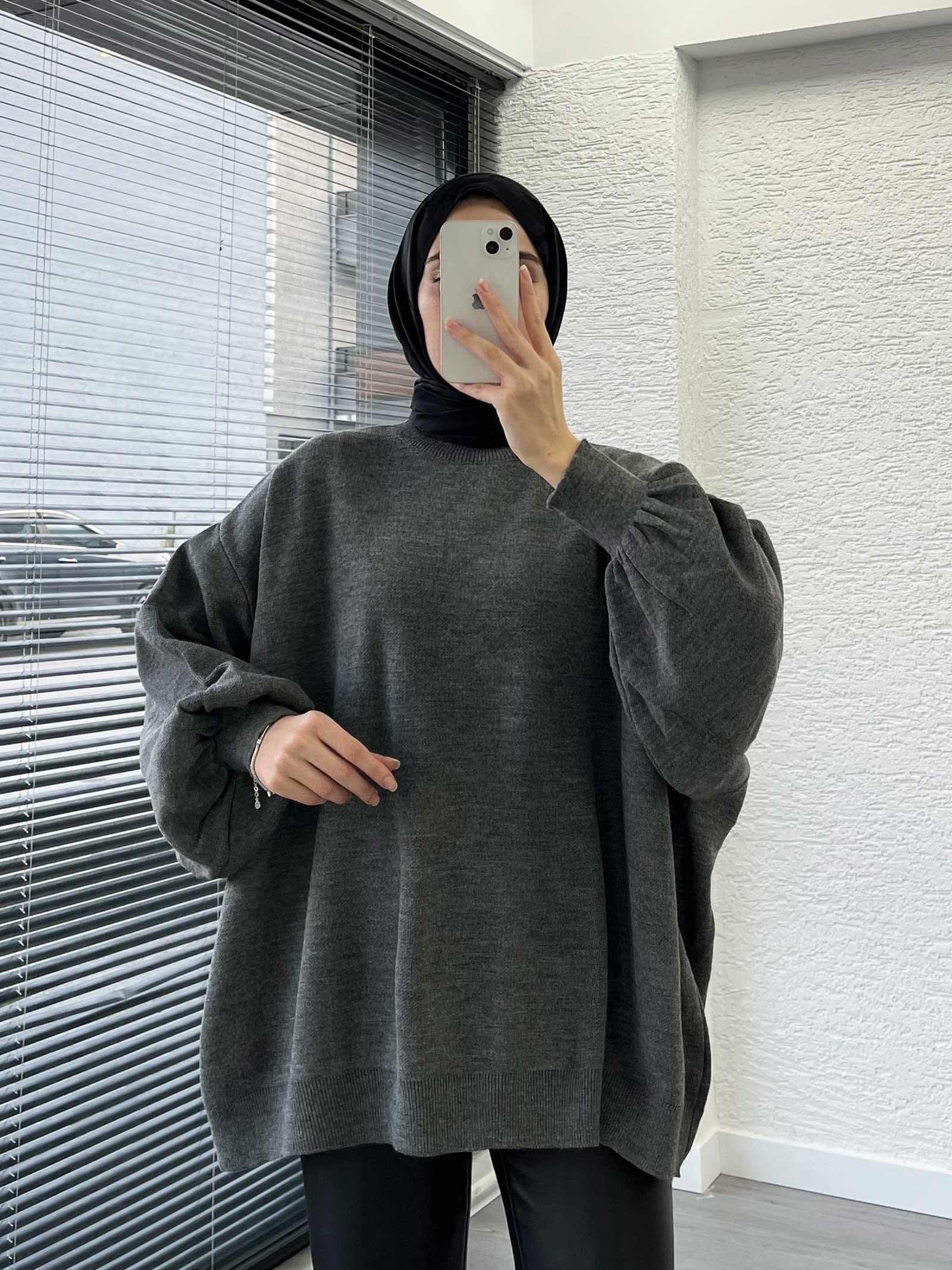Füme Yarasa Kollu Oversize Kadın Kazak