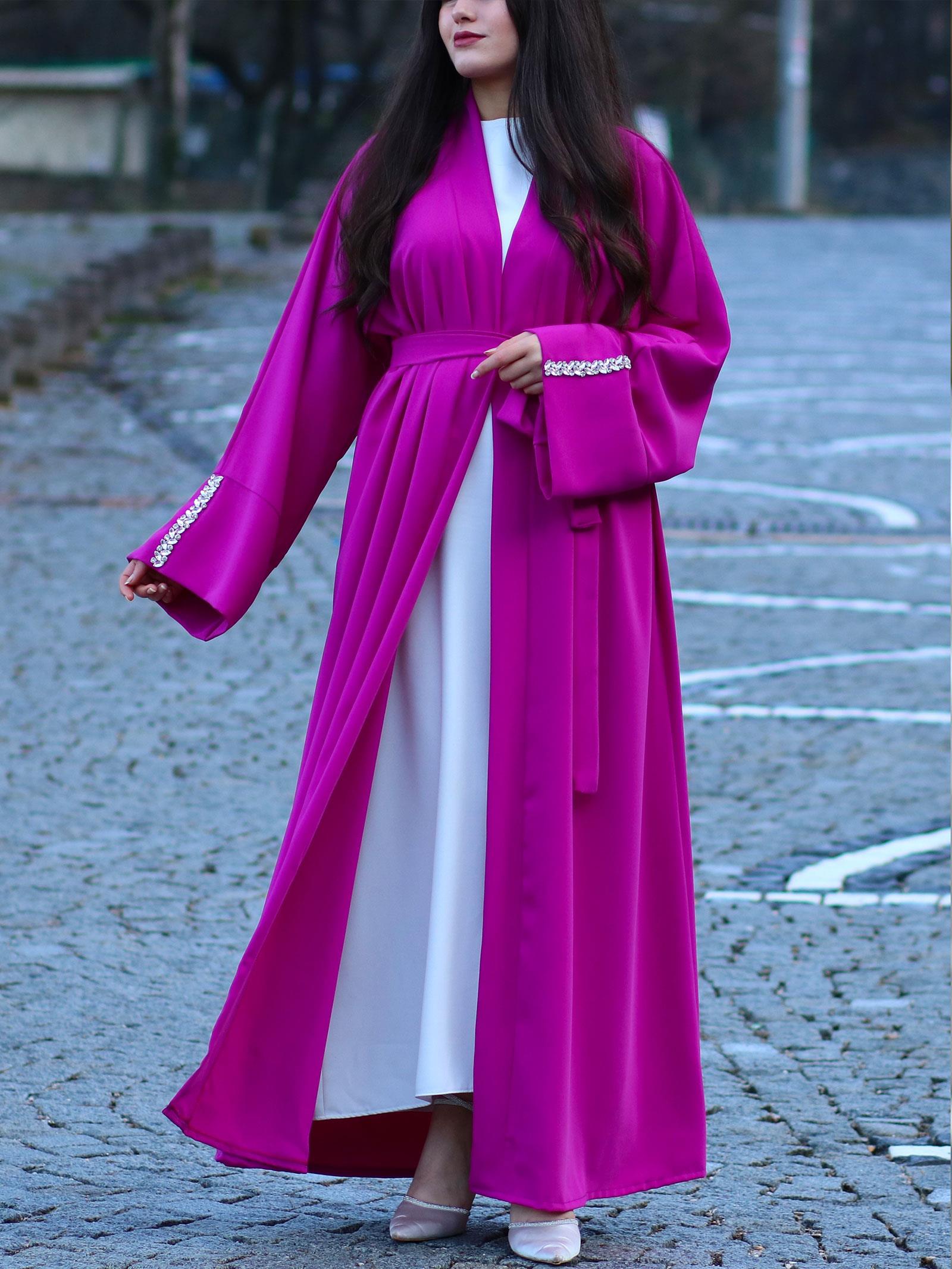 Fuşya Kolu Taşlı Ala Abaya