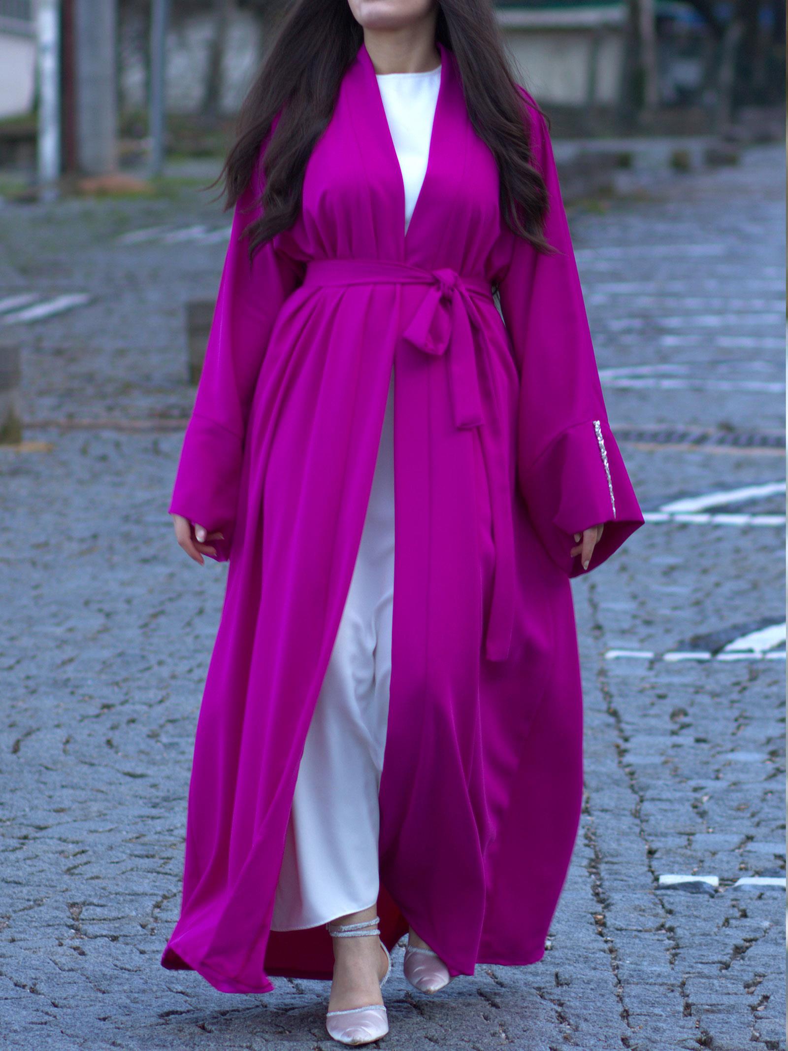 Fuşya Kolu Taşlı Ala Abaya