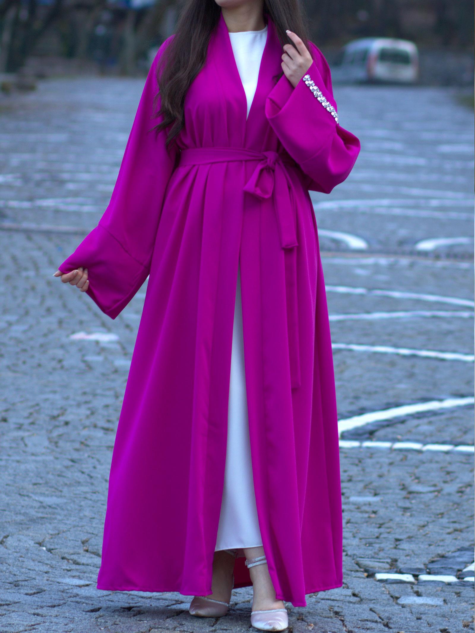 Fuşya Kolu Taşlı Ala Abaya