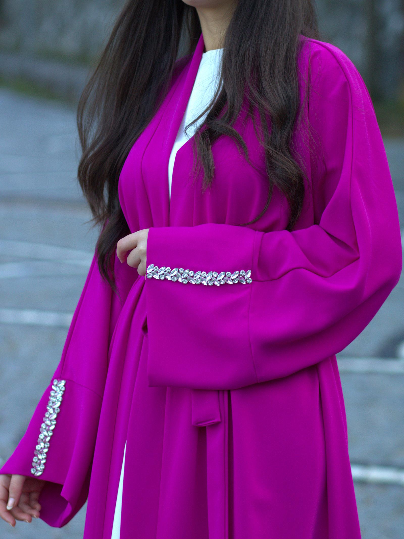Fuşya Kolu Taşlı Ala Abaya