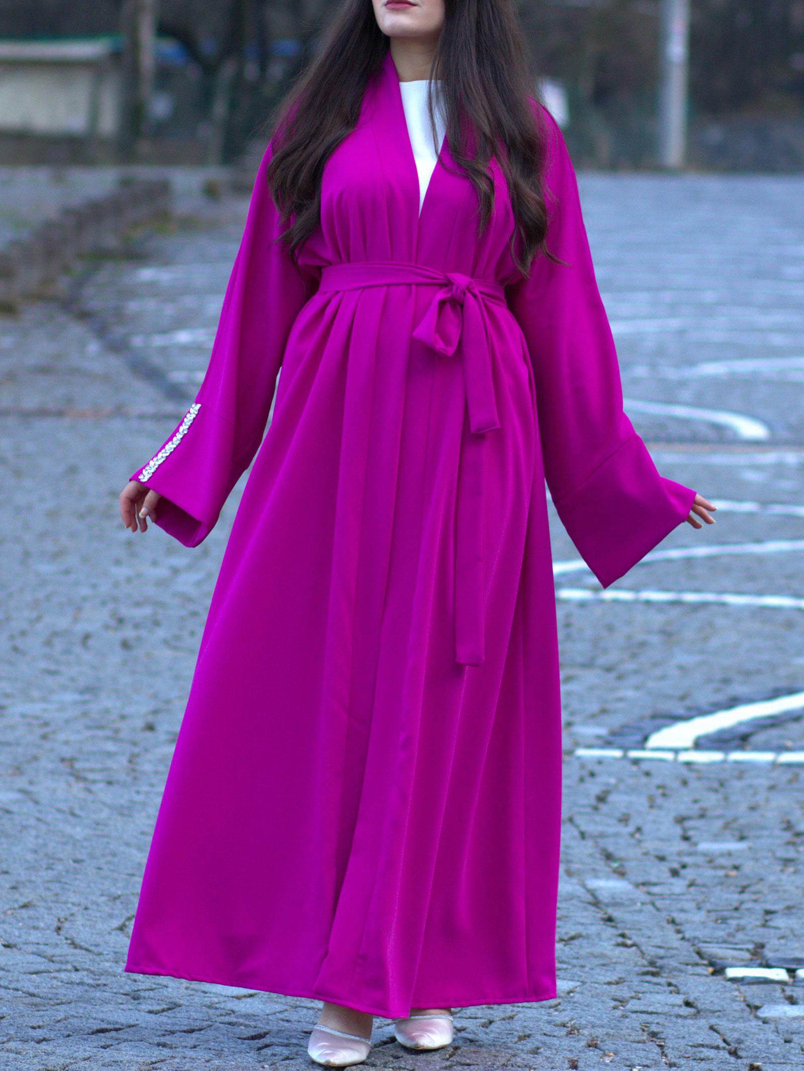 Fuşya Kolu Taşlı Ala Abaya
