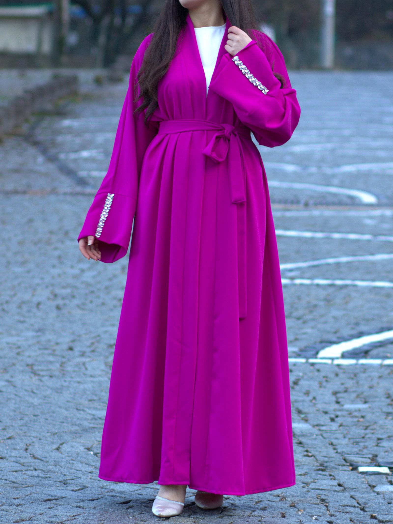 Fuşya Kolu Taşlı Ala Abaya