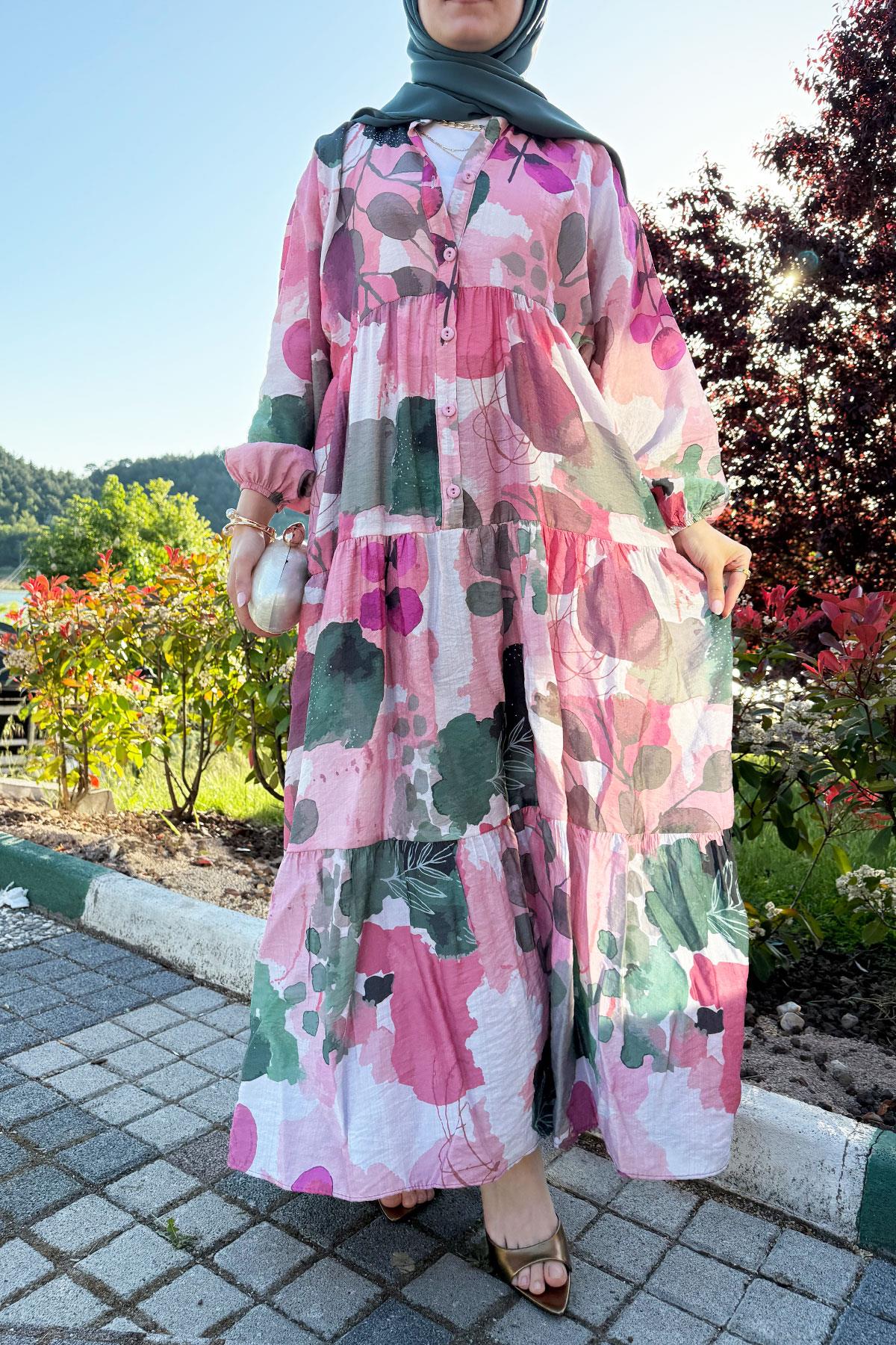 Gardenia Tensel Desenli Yazlık Elbise – Pembe