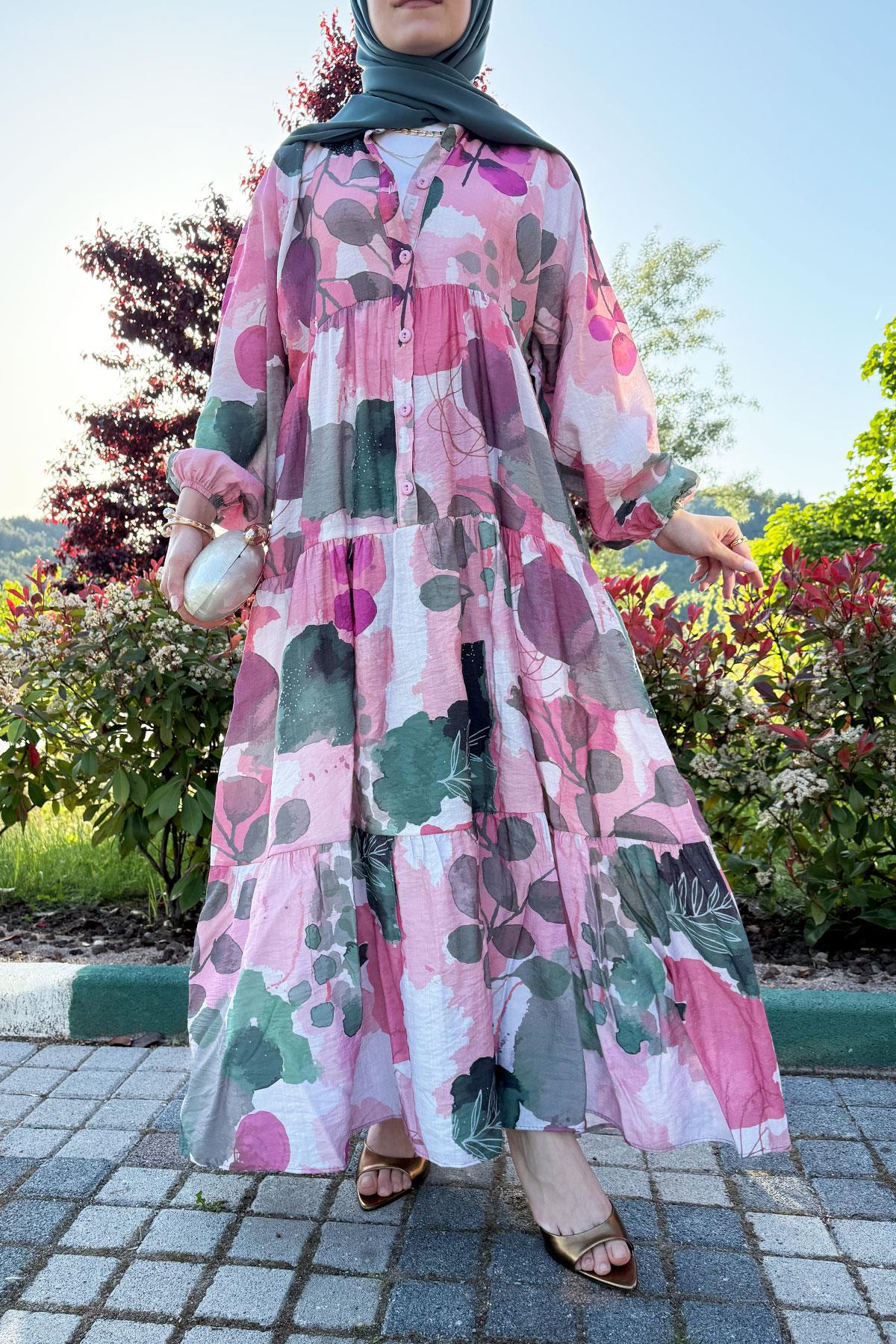 Gardenia Tensel Desenli Yazlık Elbise – Pembe