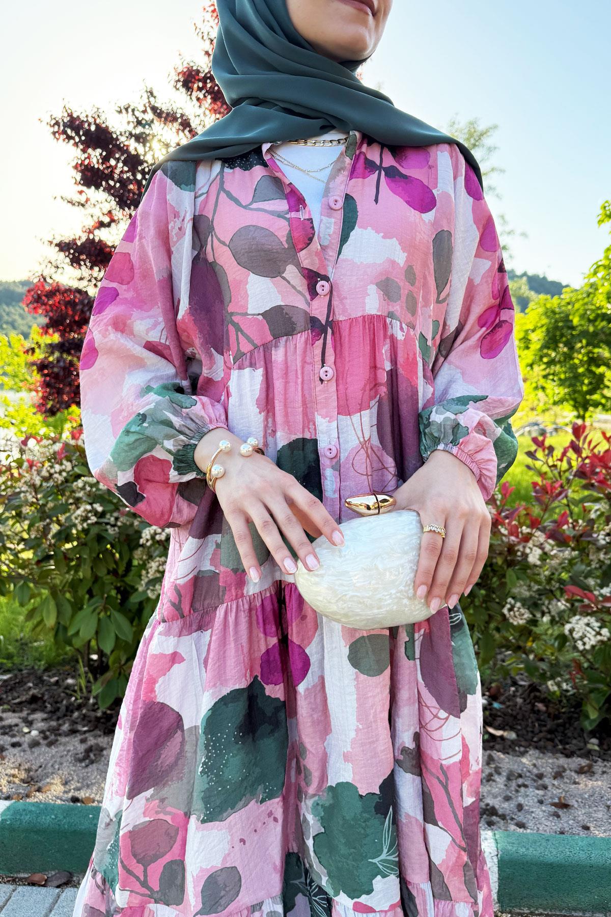 Gardenia Tensel Desenli Yazlık Elbise – Pembe