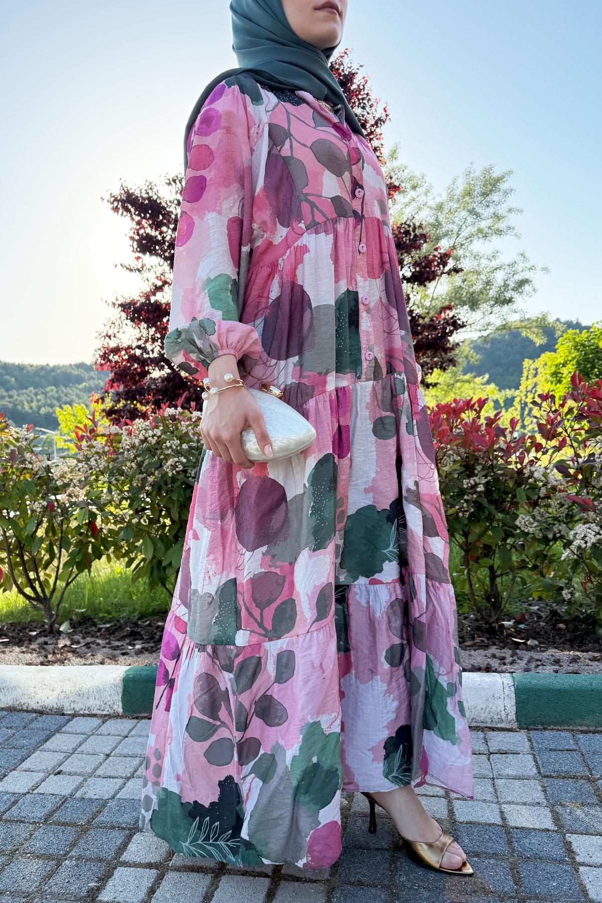 Gardenia Tensel Desenli Yazlık Elbise – Pembe