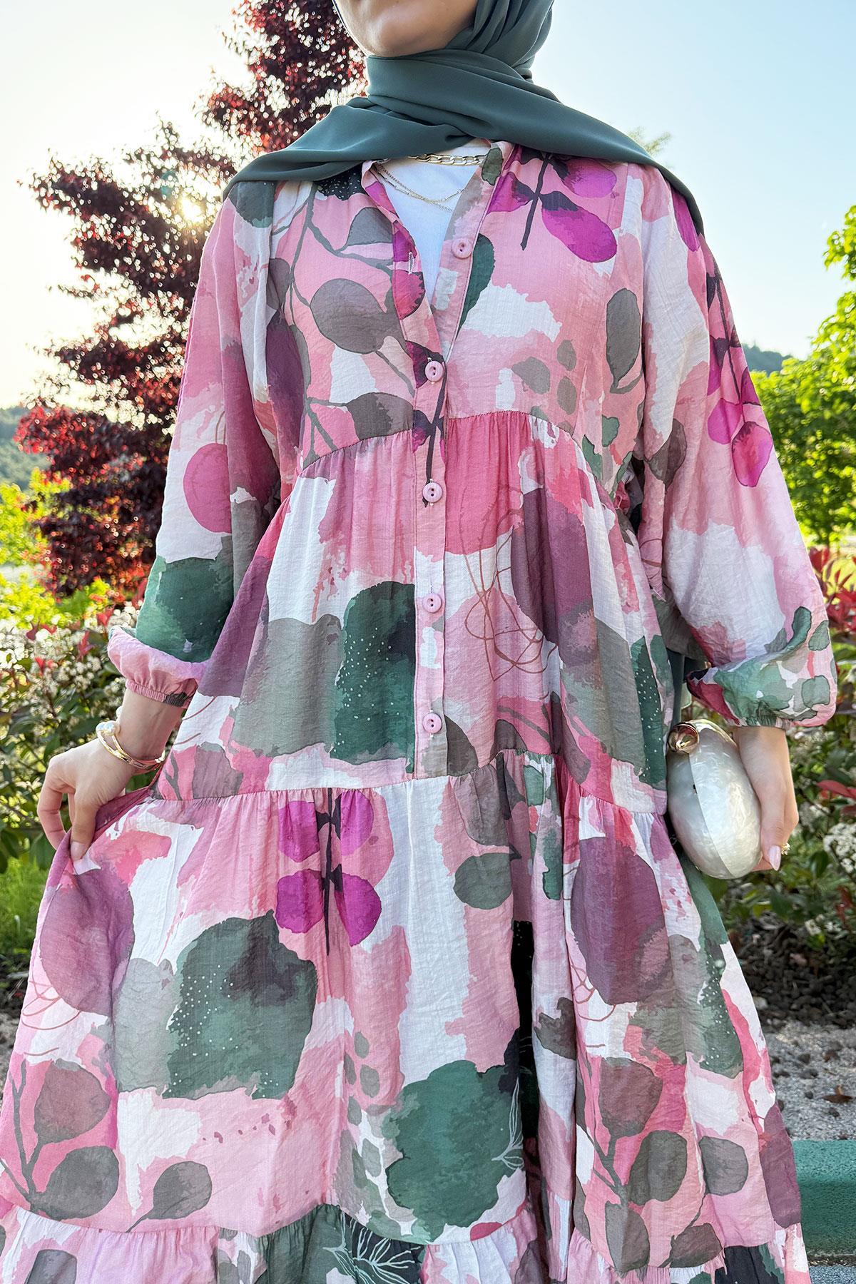 Gardenia Tensel Desenli Yazlık Elbise – Pembe