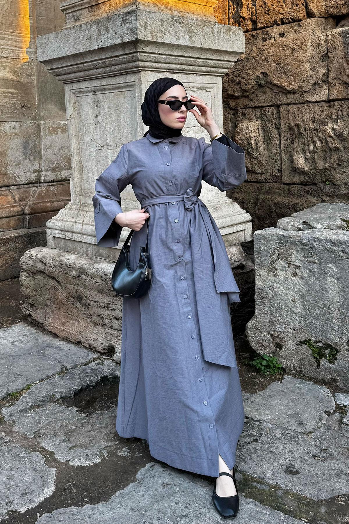 Geniş Kemerli Gömlek Elbise-Gri