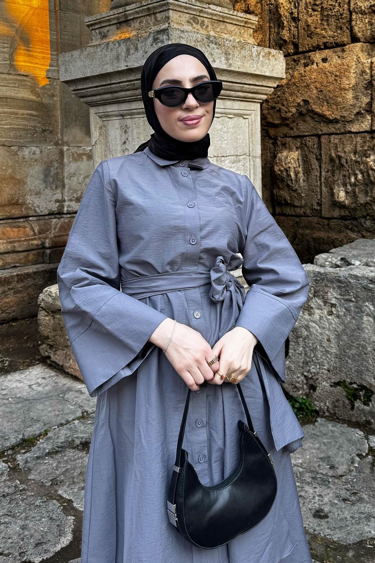 Geniş Kemerli Gömlek Elbise-Gri