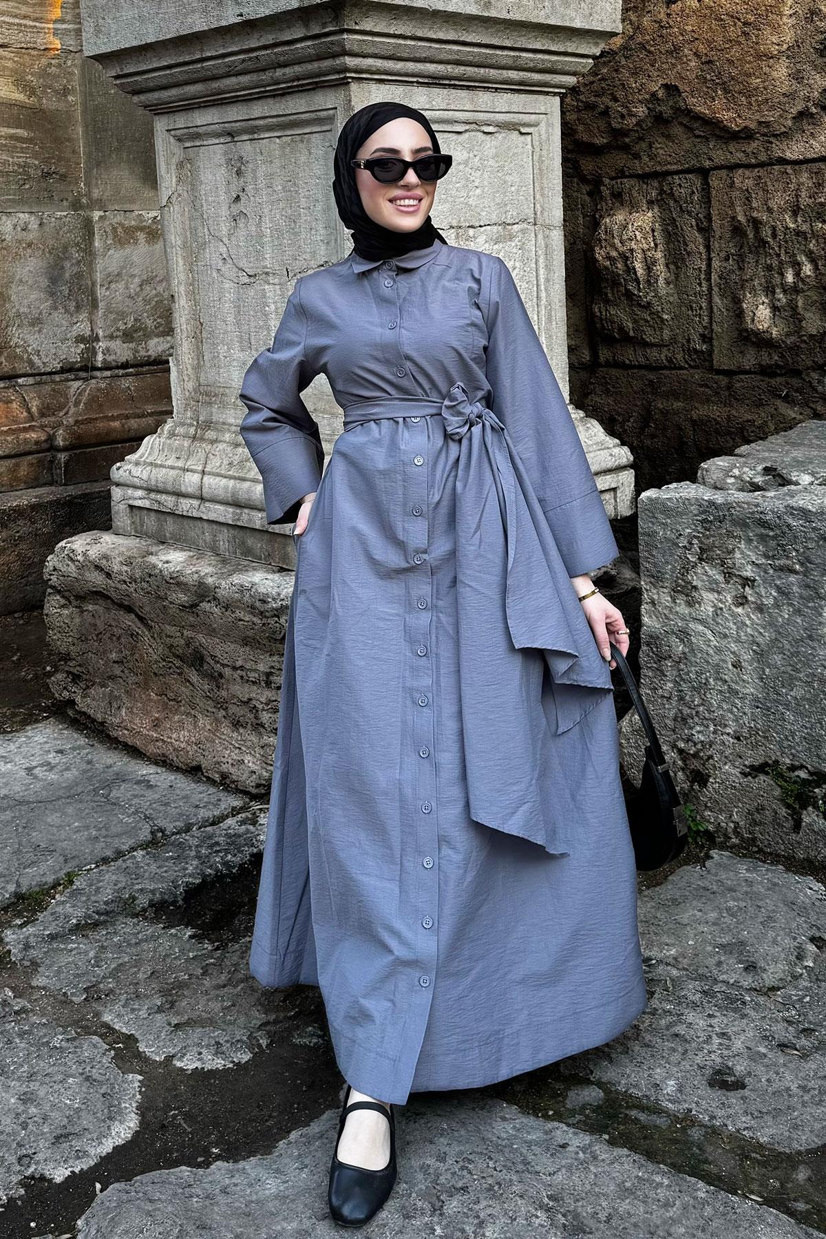 Geniş Kemerli Gömlek Elbise-Gri