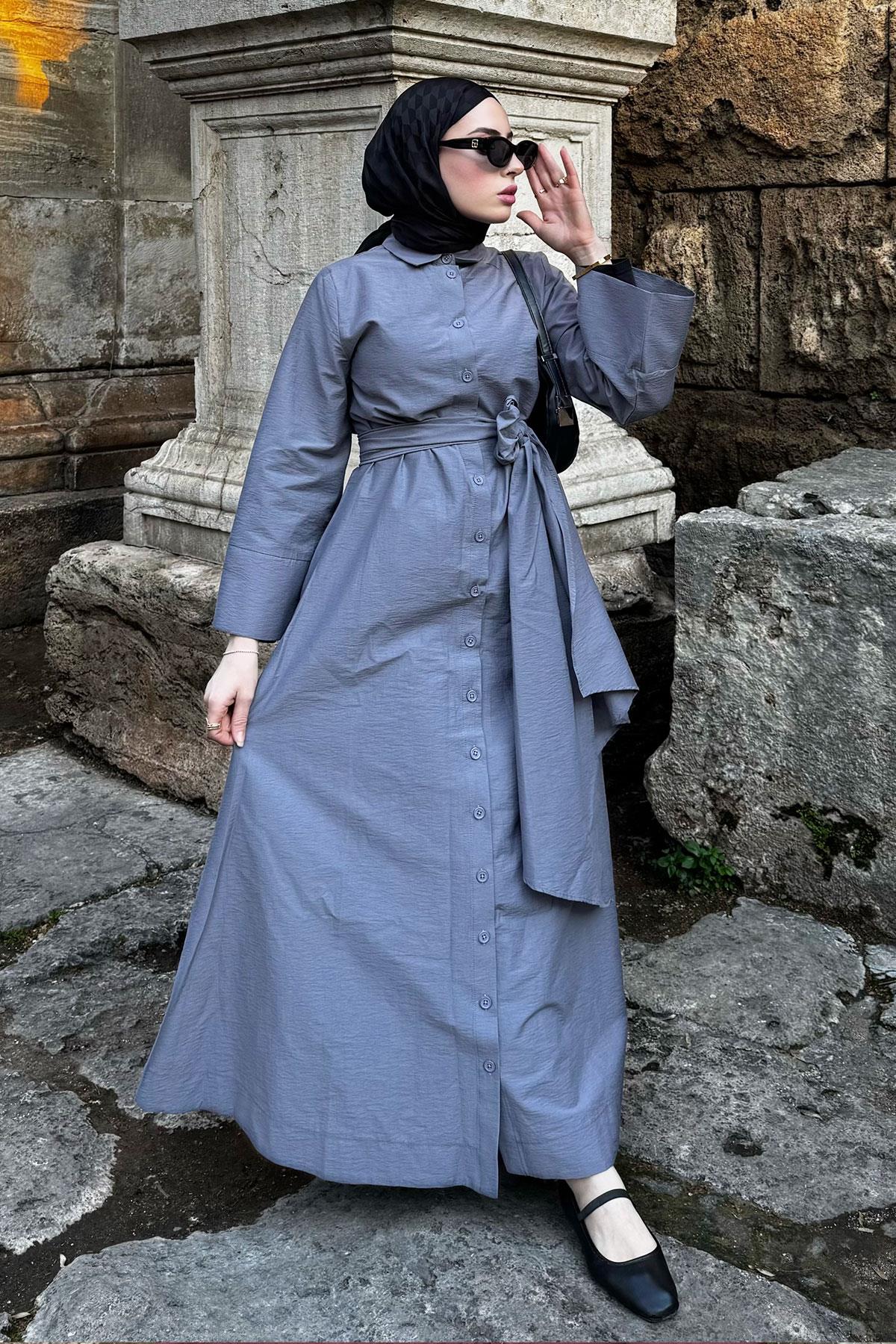 Geniş Kemerli Gömlek Elbise-Gri